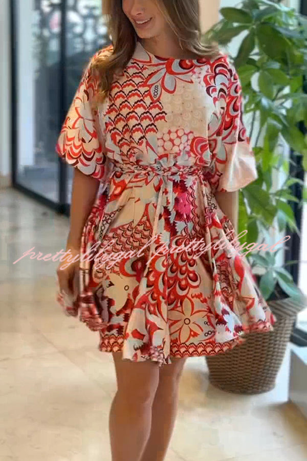 **Stylish Printed Round Neck Short Sleeve Waist Tie Mini Dress for Women - Perfect for Vacation, Beach, and Summer Outfits**