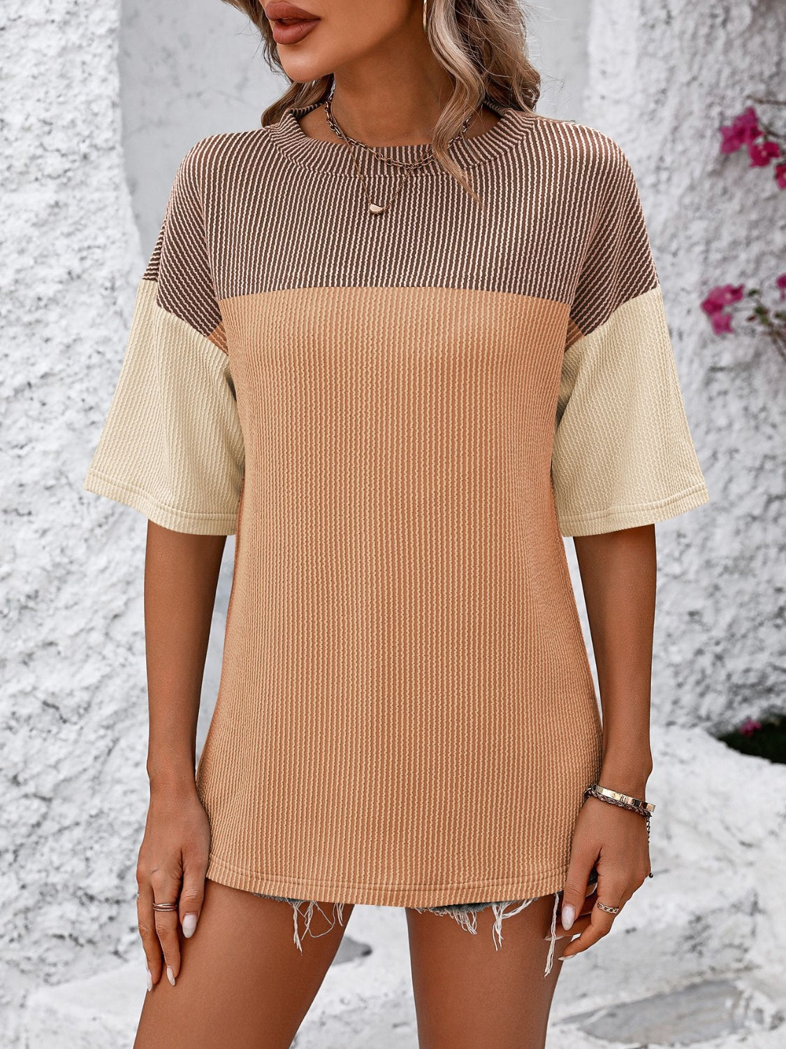 Color Block Round Neck Half Sleeve T-Shirt for Women - Casual Summer Fashion Top for Outfits, Streetwear & Everyday Wear
