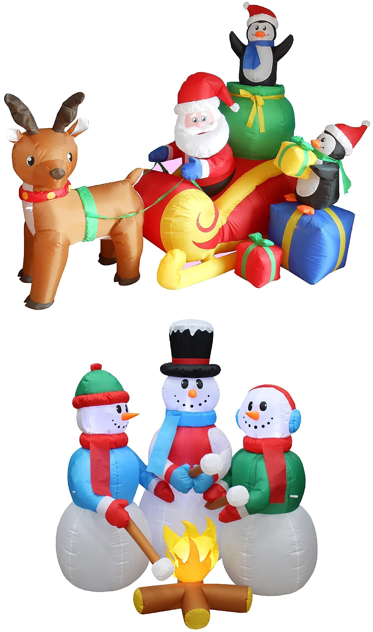 6FT Inflatable Santa on Sleigh with Reindeer & Penguins + 5FT Snowman Campfire Set - Christmas Party Decorations Bundle for Outdoor Yard, Holiday Home Decoration & Festive Seasonal Displays