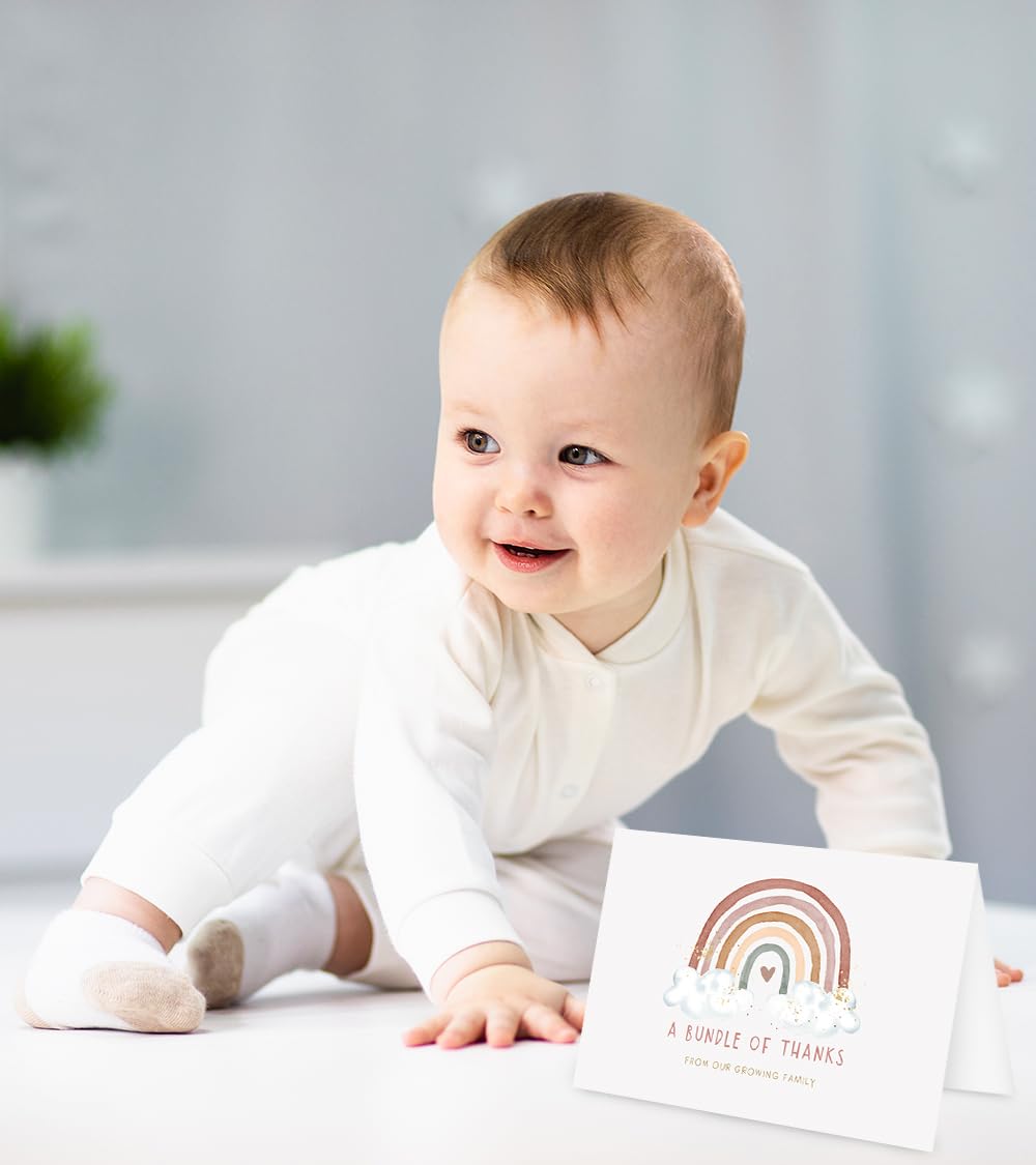 50 Pack Whaline Boho Rainbow Baby Shower Thank You Cards with Envelopes & Stickers - Blank Note Cards for Newborn Celebrations, Gender Reveal Parties & Baptism Events