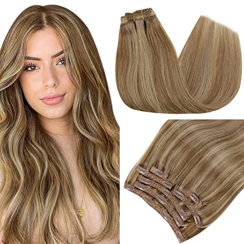 RUNATURE 18 Inch Clip-in Human Hair Extensions - 7 Pieces 105g Straight Golden Brown & Blonde Highlights | Real Remy Human Hair for Volume & Length | Perfect for Parties, Weddings & Everyday Styling