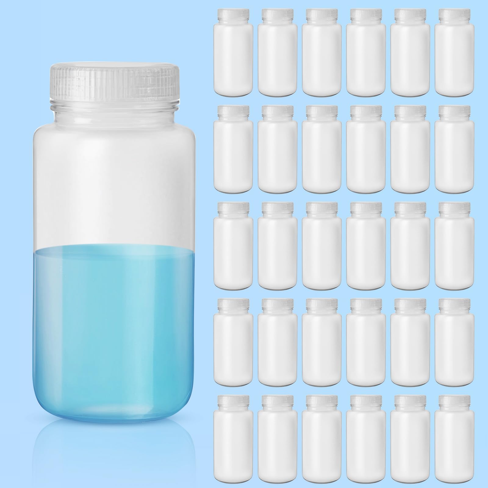 30 Pack 8oz Plastic Sample Bottles - 250ml Lab-Grade PE Wide Mouth Reagent Bottles with Lids, Leakproof Translucent Liquid Storage Containers for Laboratory, DIY Cosmetics, Essential Oils & Home Organization