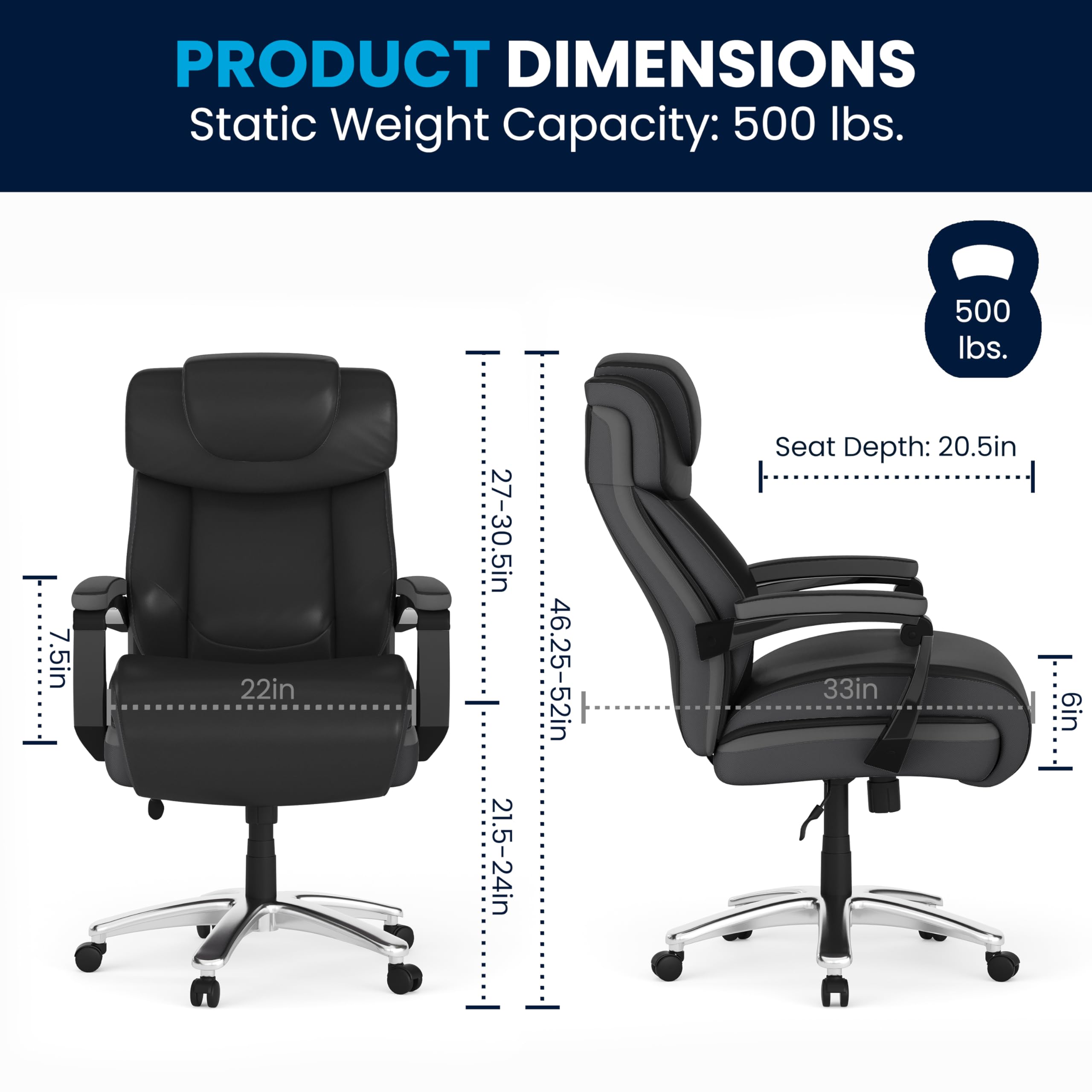 500 lb. Capacity Big & Tall Black LeatherSoft Ergonomic Office Chair with Adjustable Headrest - Heavy Duty Executive Desk Chair for Home & Office Workspace, Gaming, and Long Hours Sitting Comfort