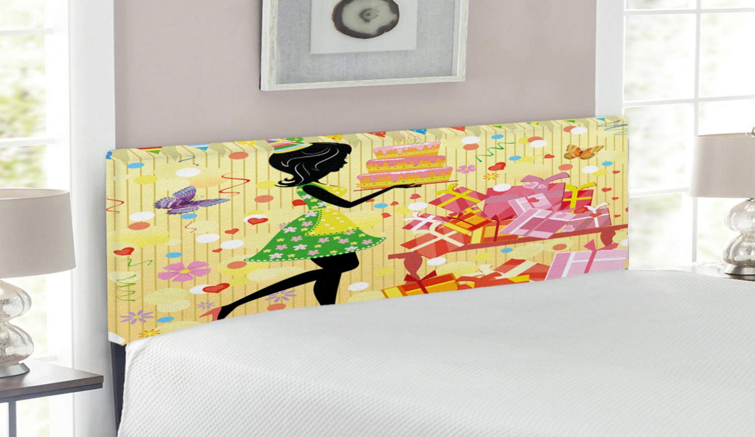 Ambesonne Upholstered Queen Size Headboard with Memory Foam - Birthday Theme Featuring Young Woman, Cake & Presents with Butterflies - Decorative Metal Bed Frame for Bedroom Decor | Perfect for Birthday Gifts, Girls' Rooms & Themed Bedroom Makeovers