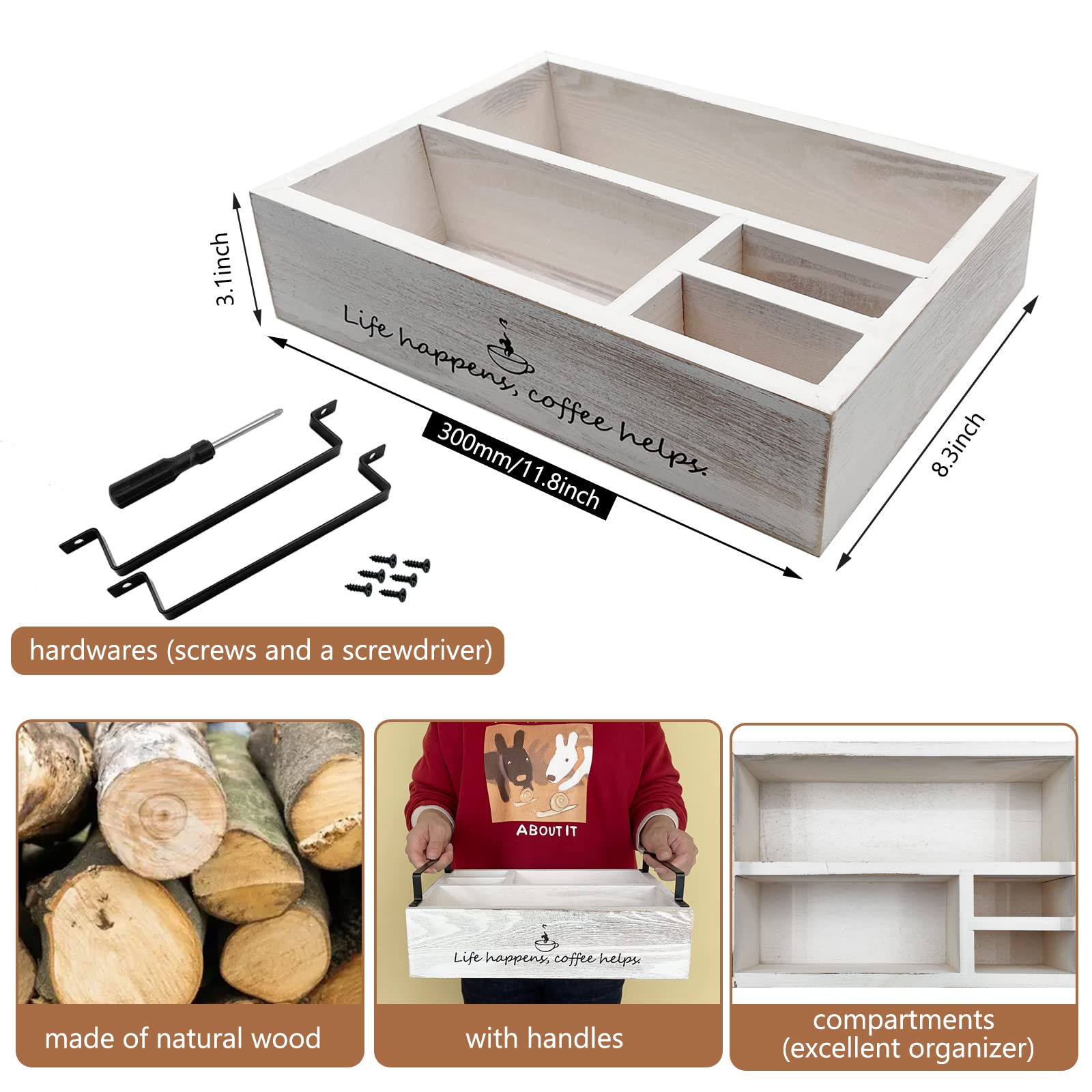 Farmhouse Coffee Bar Organizer - Rustic White Wooden Tray for Coffee, Sugar, Syrup & Tea Supplies | Perfect for Kitchen Countertops, Office Coffee Stations & Home Decor