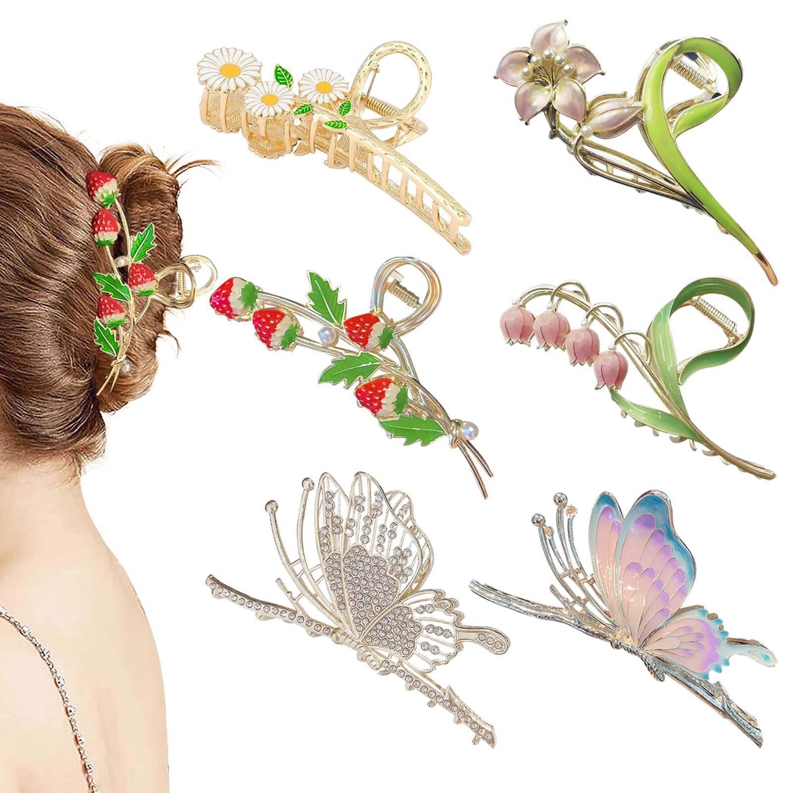6 Pcs Large Strong Metal Butterfly Hair Claw Clips for Women - Flower Hair Clips for Thick Hair - Perfect for Updos, Ponytails & Everyday Hairstyles