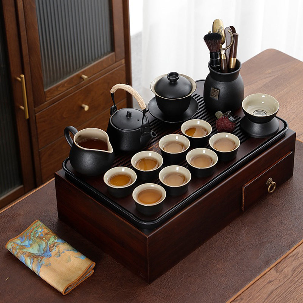 Premium Japanese Black Pottery Tea Set with Storage Box & Tray - Authentic Matcha Ceremony Set for Home, Office & Gift Giving