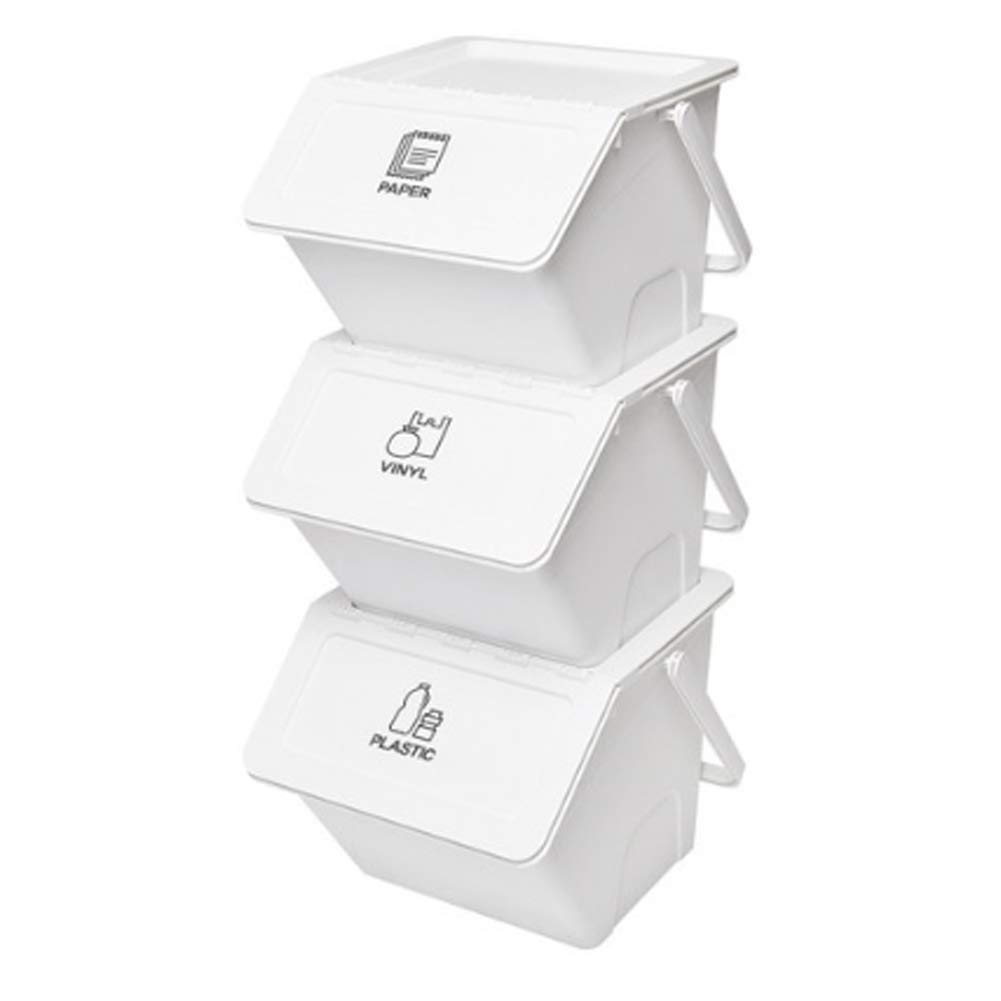 Stackable Recycling Bins with Lids & Handles - 3-Pack White Organizer Bins for Home, Office, or Classroom - Perfect for Toys, Tools & Waste Sorting - Includes Recycle Stickers for Easy Labeling