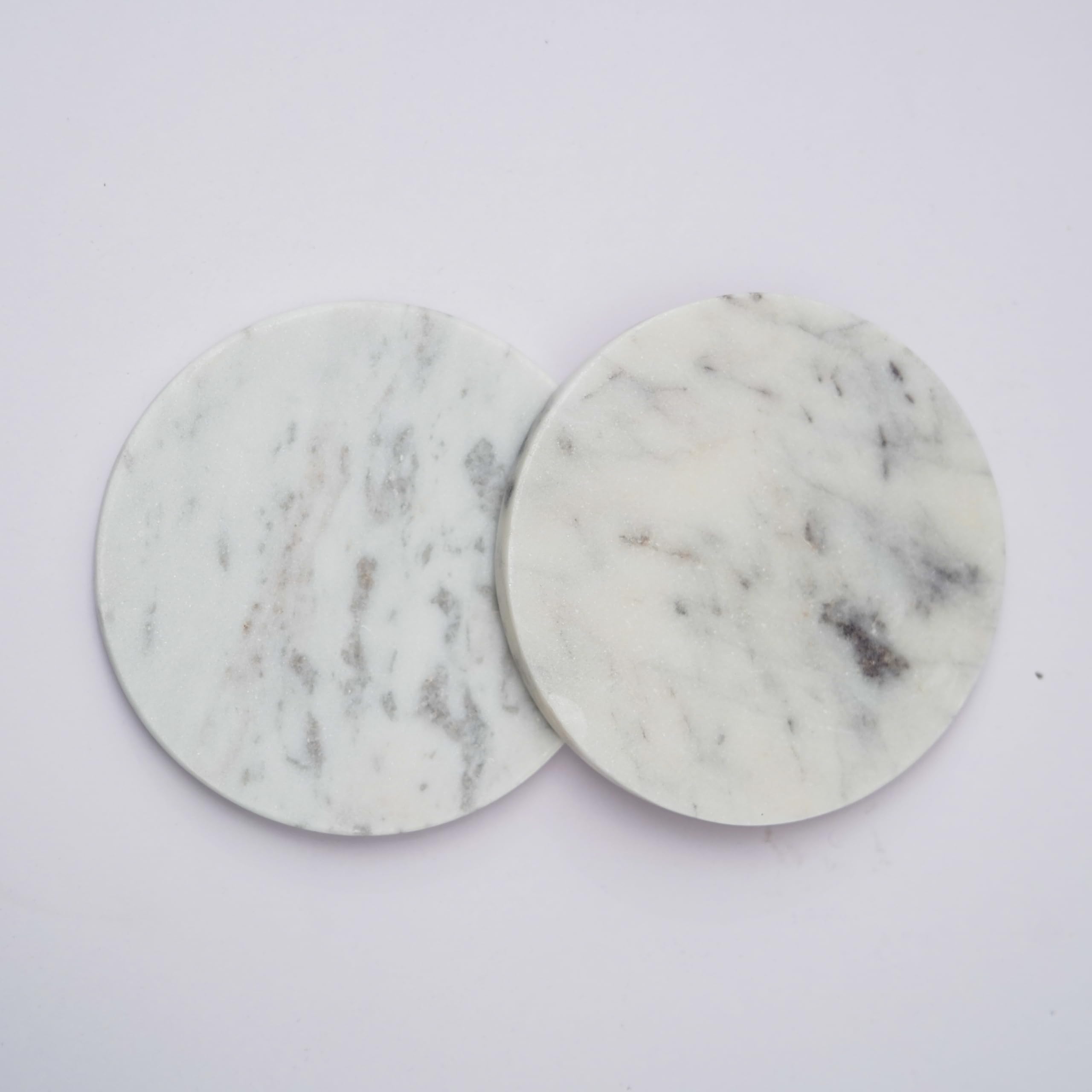 Premium White Marble Coasters Set of 2 - Handcrafted Stone Drink Coasters for Hot & Cold Beverages, Tea, Coffee & Cocktails - Elegant Home & Office Table Decor for Dining, Living Room & Bar Use