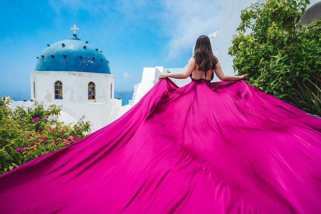 Elegant Halter Neck Long Flying Dress for Photoshoot - Flowy Satin Maxi Dress with Train for Santorini Vacation, Beach Wedding & Boho Style Photography