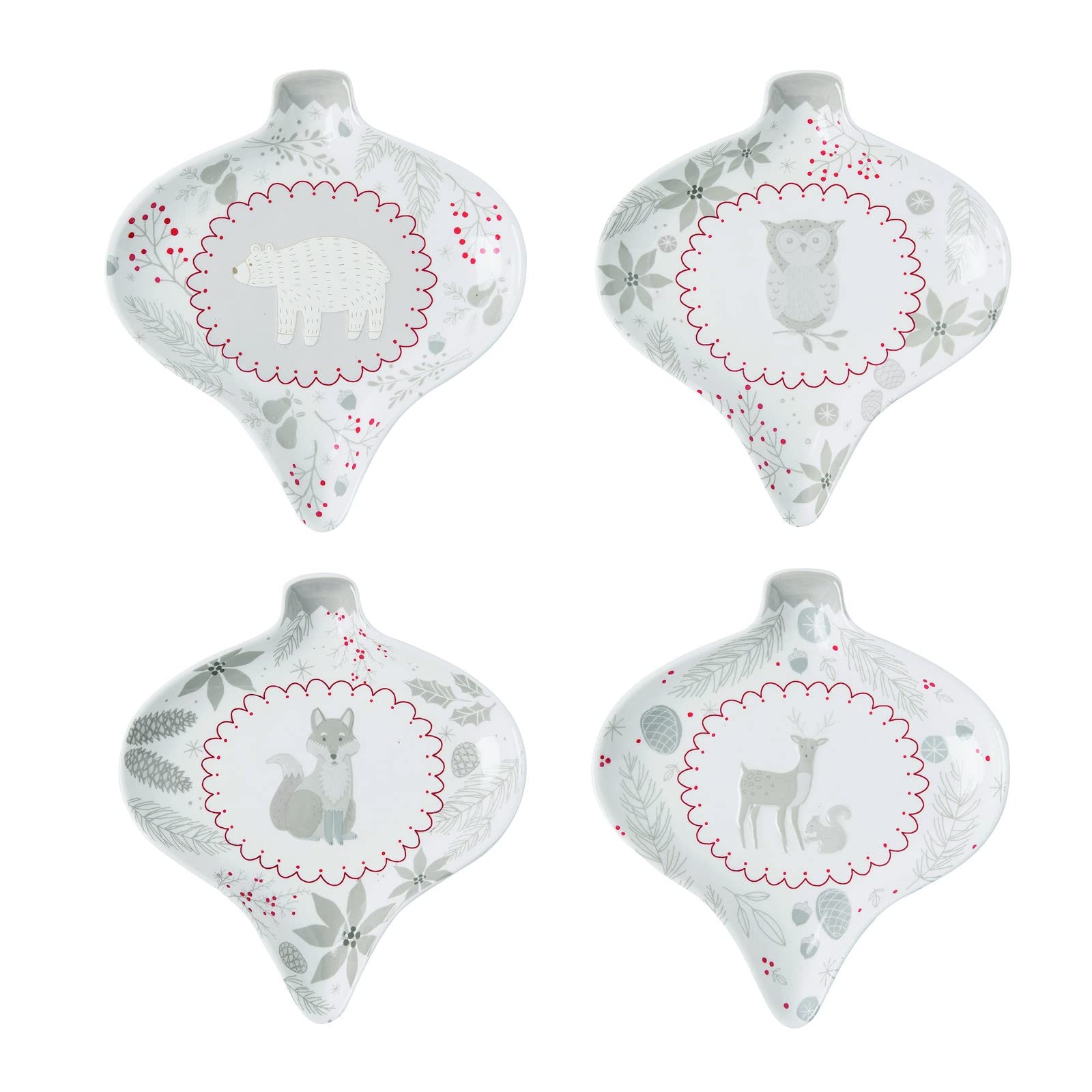 Woodland Sketch Ceramic Plates - Set of 4 Hand-Painted Ornament-Shaped Dishes for Rustic Home Decor, Holiday Tableware & Gift Giving