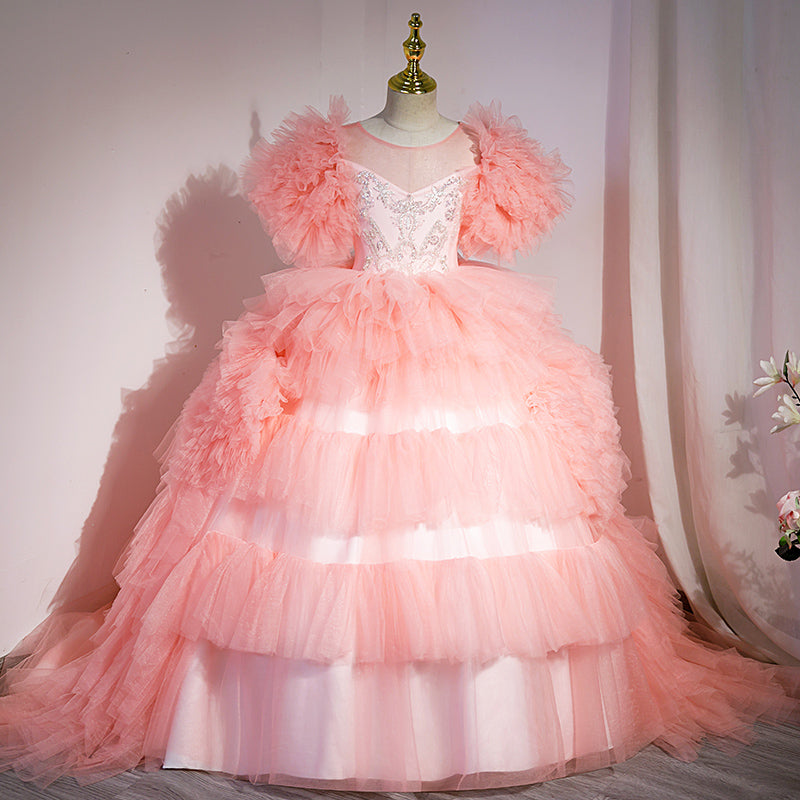 Pink Princess Tulle Flower Girl Dress - Pleated Floor-Length Ball Gown for Weddings, Baptisms & Special Occasions