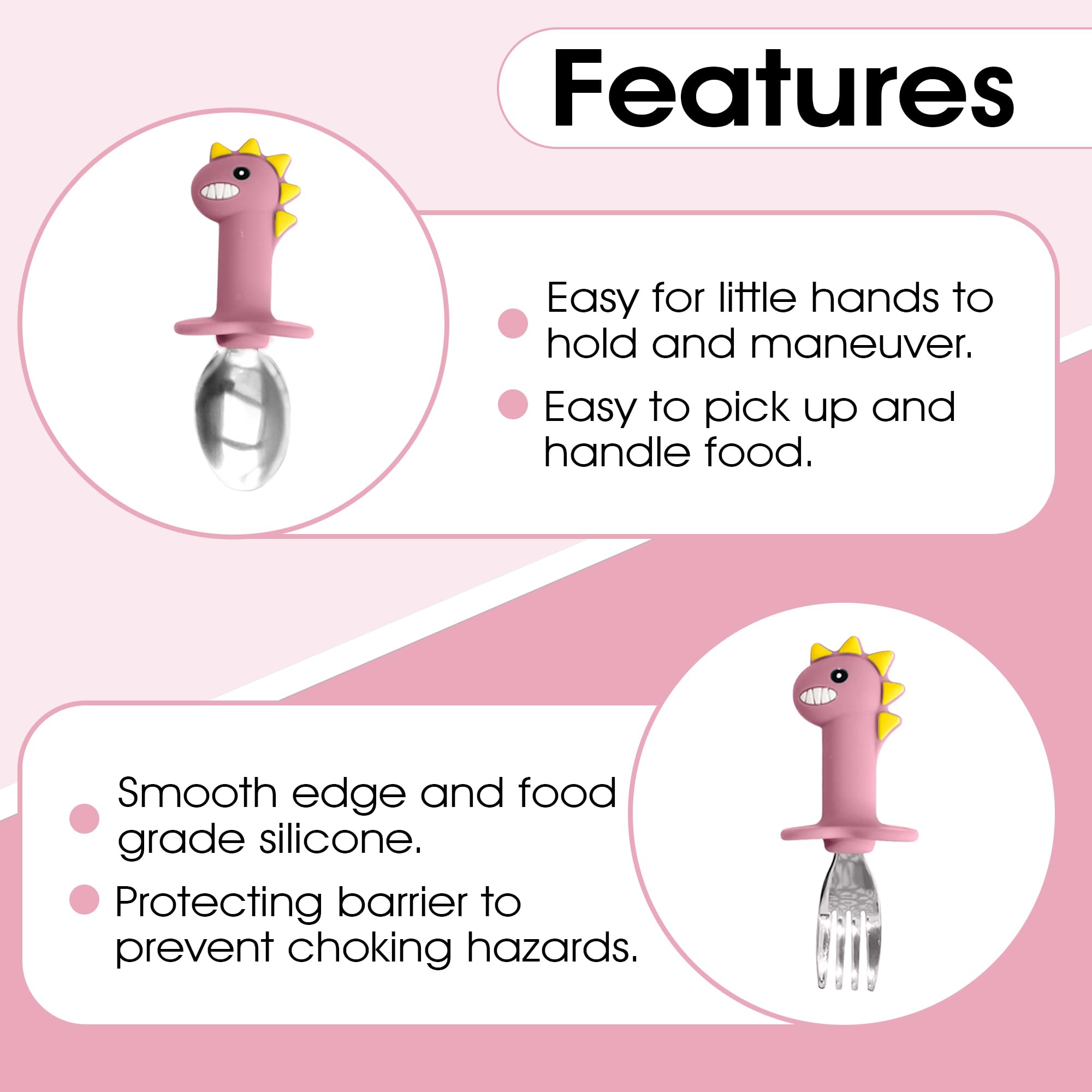 Dinosaur Silicone Baby Feeding Set - Toddler Utensils, Baby Spoon & Fork, Waterproof Bib, Bowl & Suction Plate for Self-Feeding | Baby-Led Weaning Essentials | Perfect for Home, Travel & Daycare Use (Princess Pink)
