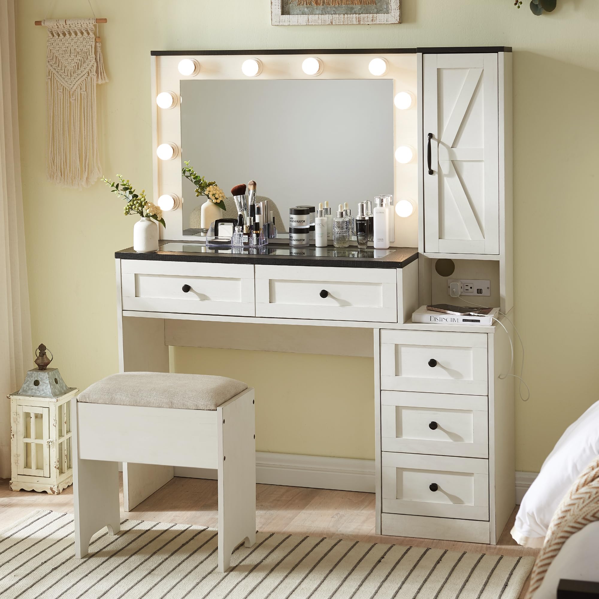 Farmhouse Vanity Makeup Desk with Charging Station & LED Mirror - 43