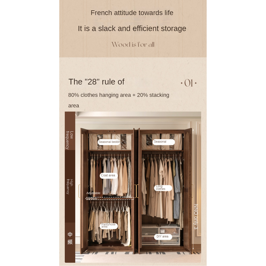 Vintage French Style Black Walnut Solid Wood Wardrobe - Classic Retro Closet for Bedroom & Living Room Storage