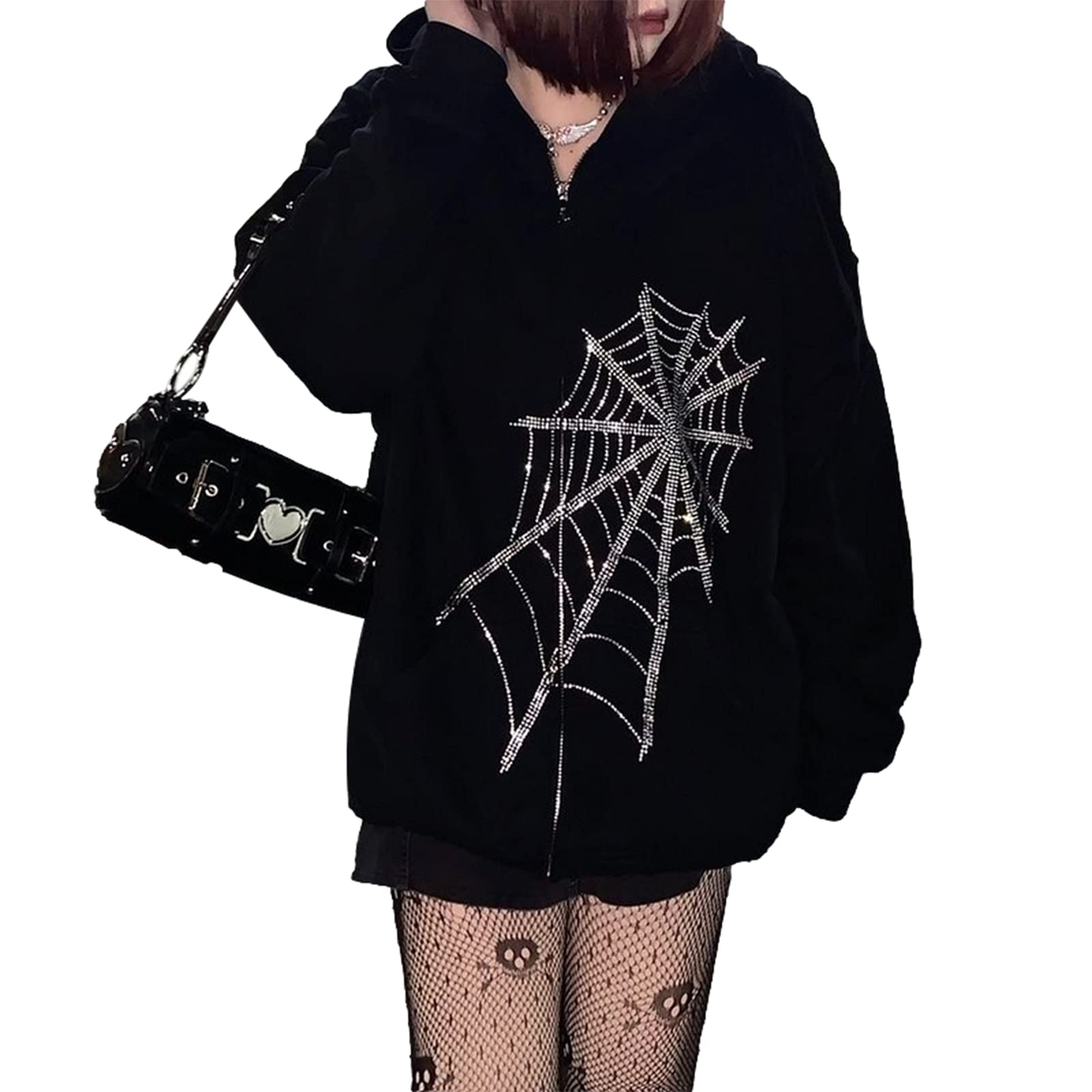 Tsnbre Women's Oversized Rhinestone Spider Web Print Zip Up Sweatshirt | Y2K Streetwear Jacket | Halloween Costume & Casual Outfit