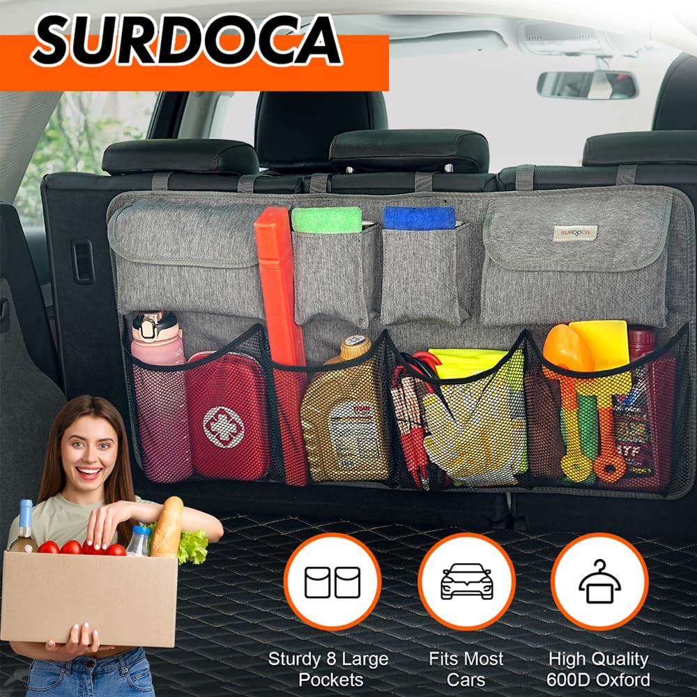SURDOCA 3rd Gen Car Trunk Organizer - 7 Times Upgraded Super Capacity SUV Storage with Elastic Net & Lids | Space Saving Expert for Travel, Camping & Daily Commute