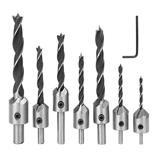 7Pcs Countersink Drill Bit Set - HSS 5 Flute Woodworking Chamfering Bits with Hex Key | Perfect for DIY Projects, Furniture Making & Metalworking