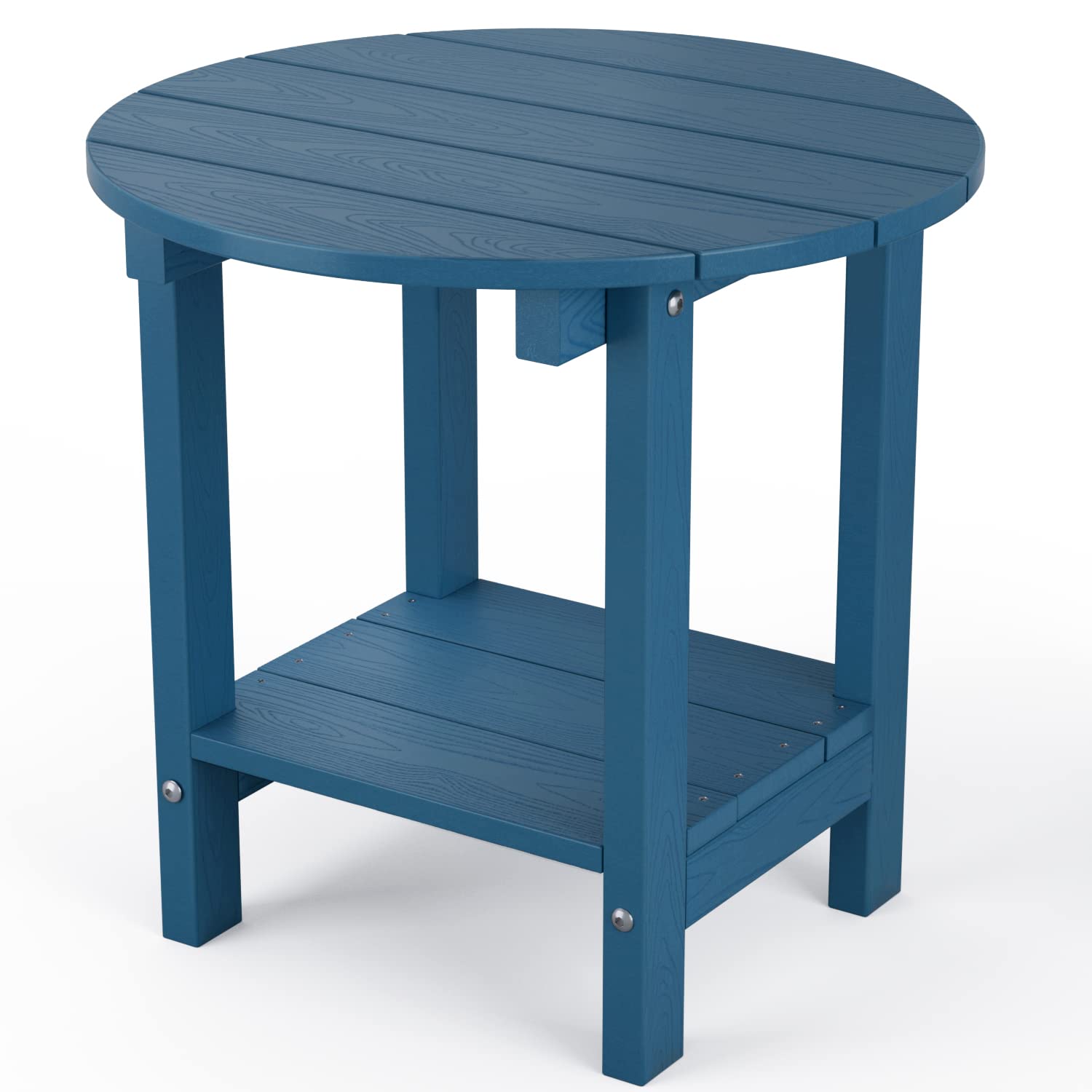 MXIMU 18-Inch Round Outdoor Side Table with Storage Shelf - 2-Tier Plastic Patio End Table for Balcony, Backyard, Lawn, Poolside & Deck - Navy Blue Adirondack Chairside Table (1 Pack)