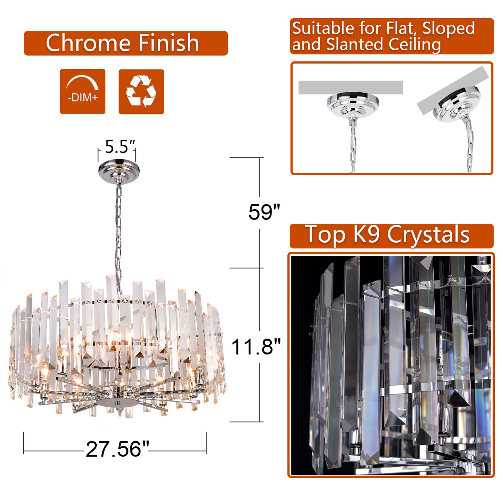 Modern Crystal Chandelier Lighting - Chrome Pendant Ceiling Light Fixture - Contemporary Island Chandelier with Dimmable Function (D27.56) for Living Room, Dining Room, Bedroom & Foyer - Perfect for Home Decor, Wedding Venues and Luxury Interior Design