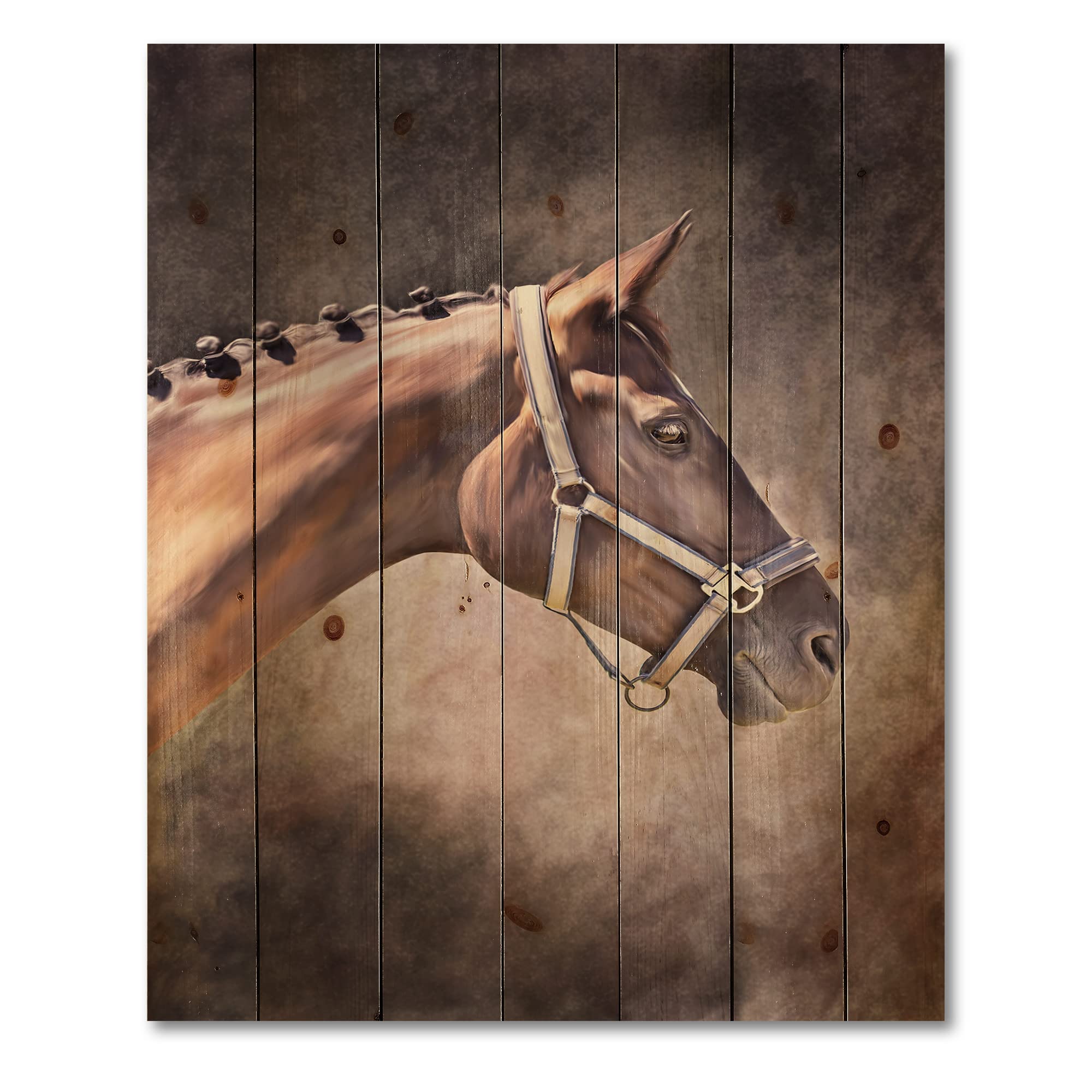 DesignQ Brown Horse Portrait Farmhouse Wood Wall Decor - Large Animal Wood Wall Art Panel Printed on Natural Pine - Perfect for Living Room, Bedroom & Rustic Home Decor