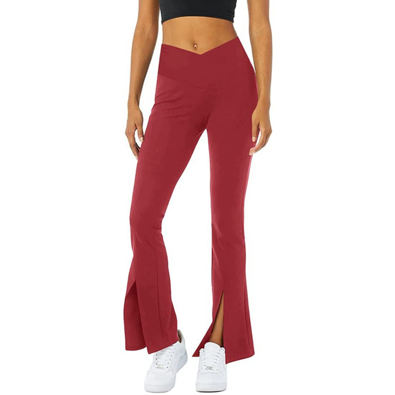 Women's High Waisted Bootcut Yoga Pants - Flutter Leggings with Front Split & Flare Leg for Workout, Office & Casual Wear - Watermelon Red - Perfect for Yoga, Gym, Running & Everyday Fashion