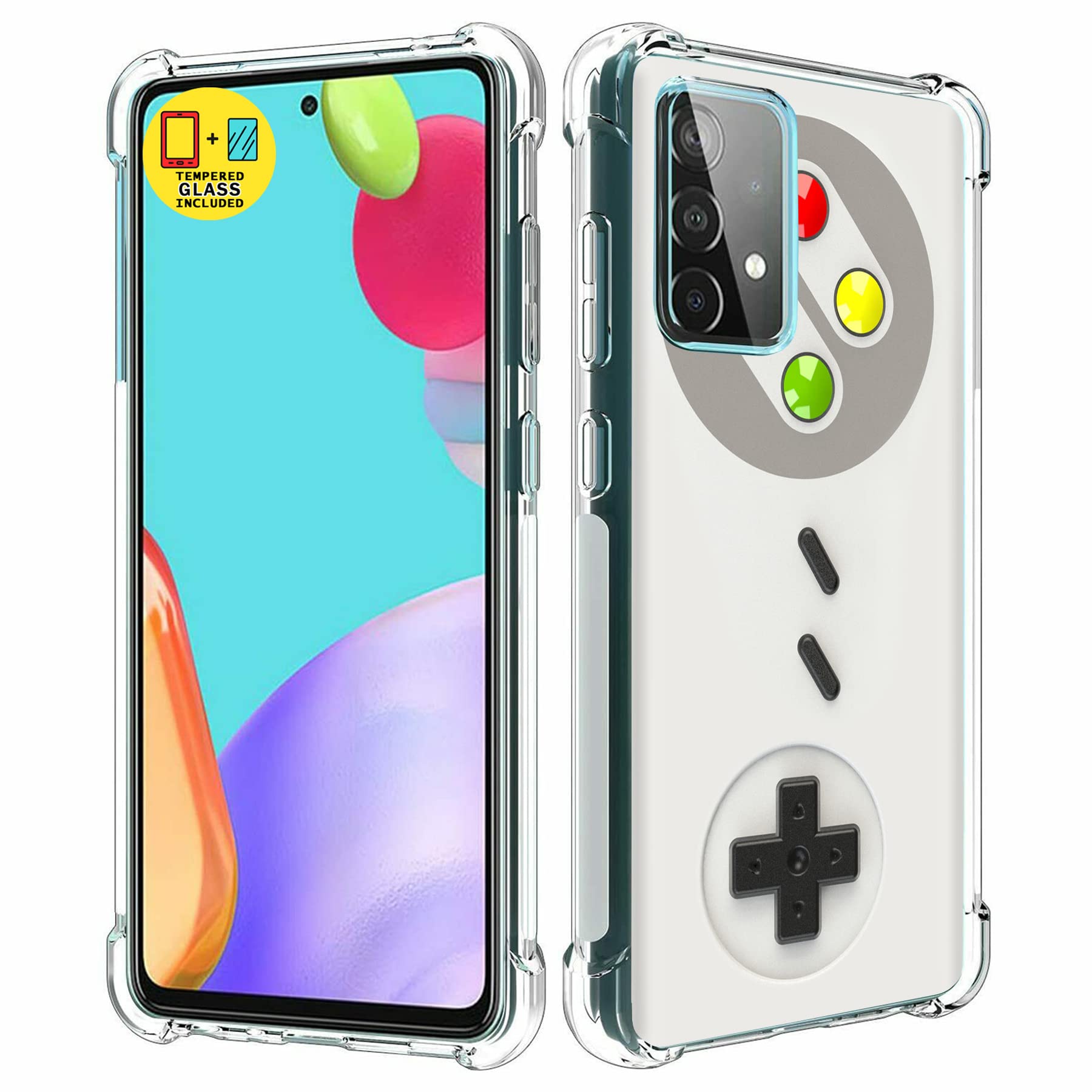 Slim Thin Gel TPU Case for Samsung Galaxy A53 5G with Tempered Glass Screen Protector - Gameboy Print, Lightweight Flexible Soft Anti-Scratch Phone Cover | Perfect for Gaming, Daily Use & Travel Protection (USA)