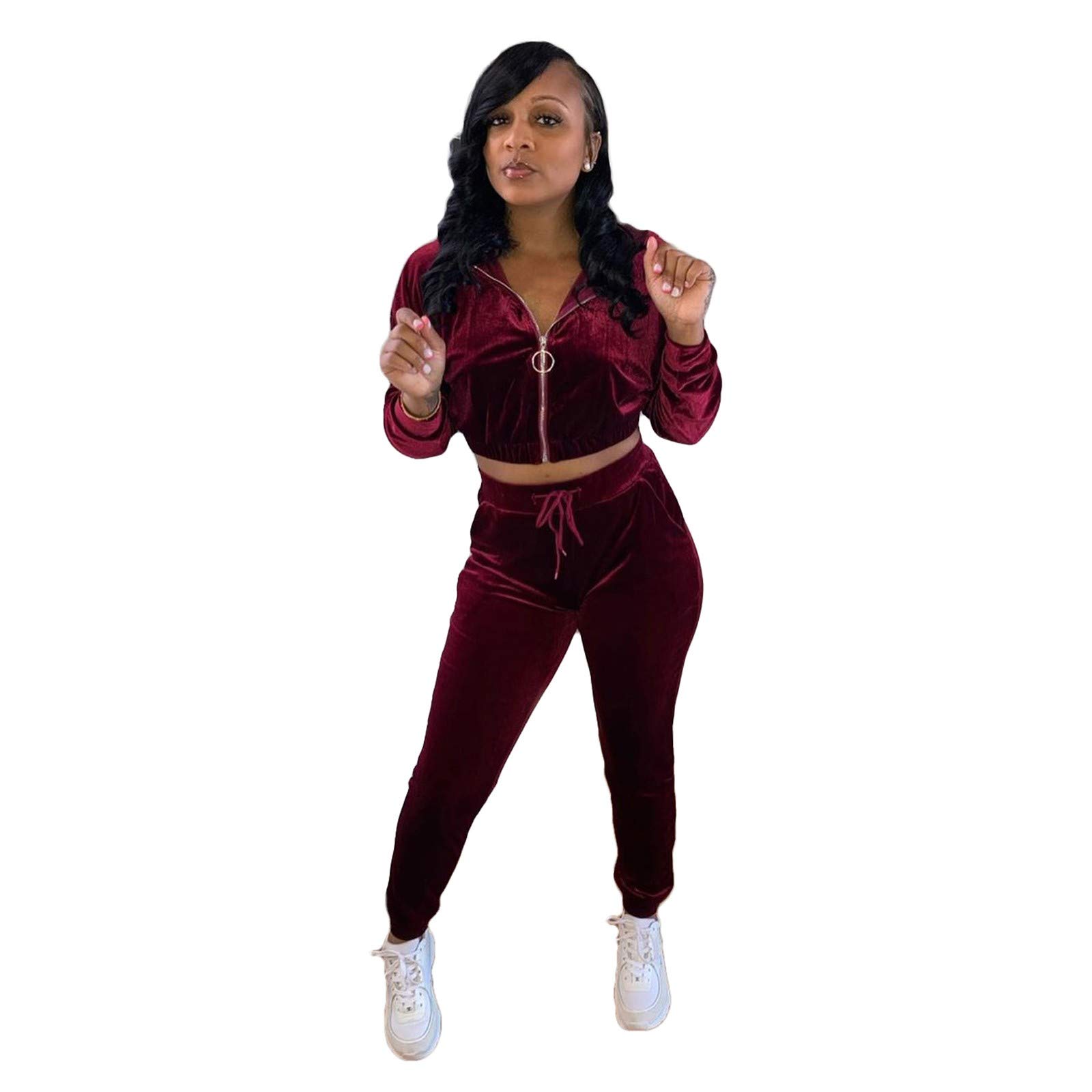 Women's Solid Color Hooded Zipper Tracksuit Set - Lounge & Sport Wear - Tops + Pants Outfit (Wine Red, Medium) | Perfect for Gym, Yoga, Running & Casual Streetwear