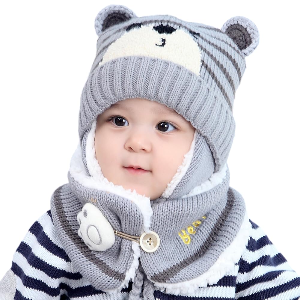 Adorable Baby Winter Hat & Scarf Set for 6-36 Months - Knitted Beanie with Earflaps & Chin Strap, Fleece-Lined Toddler Ear Warmer & Neck Warmer - Perfect for Girls & Boys Outdoor Winter Activities, Snow Play & Cold Weather Protection