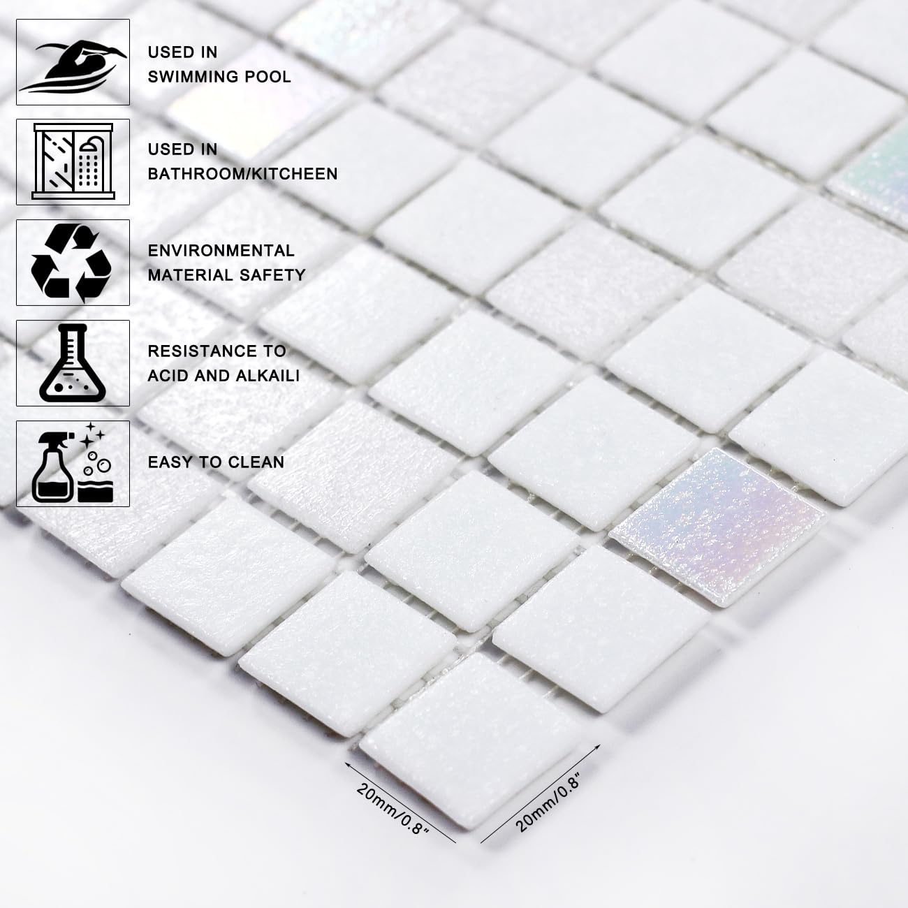 11.5sqft Iridescent Mosaic Tiles - Peel and Stick Waterproof Bathroom Floor & Wall Tile, Kitchen Backsplash, Shower, Fireplace Accent - Perfect for Home, Hotel, Restaurant, Pool Renovation (10pcs, Mixed White)