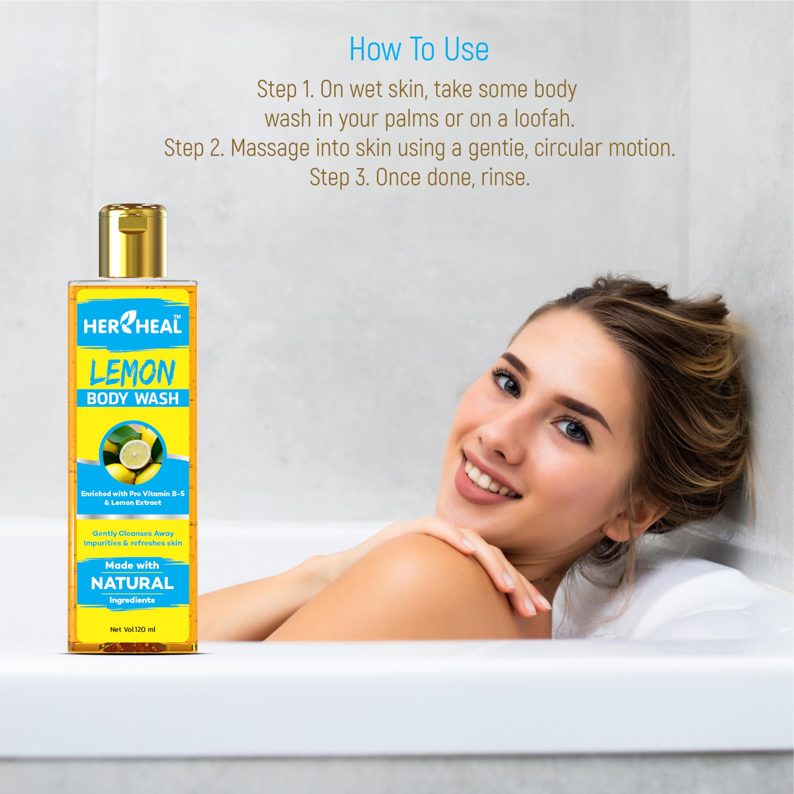 Natural Lemon Body Wash for Women & Men - 120ml Chemical-Free Shower Gel with Refreshing Citrus Scent | Hydrating & Gentle Skin Cleanser for Daily Shower, Gym & Spa Use
