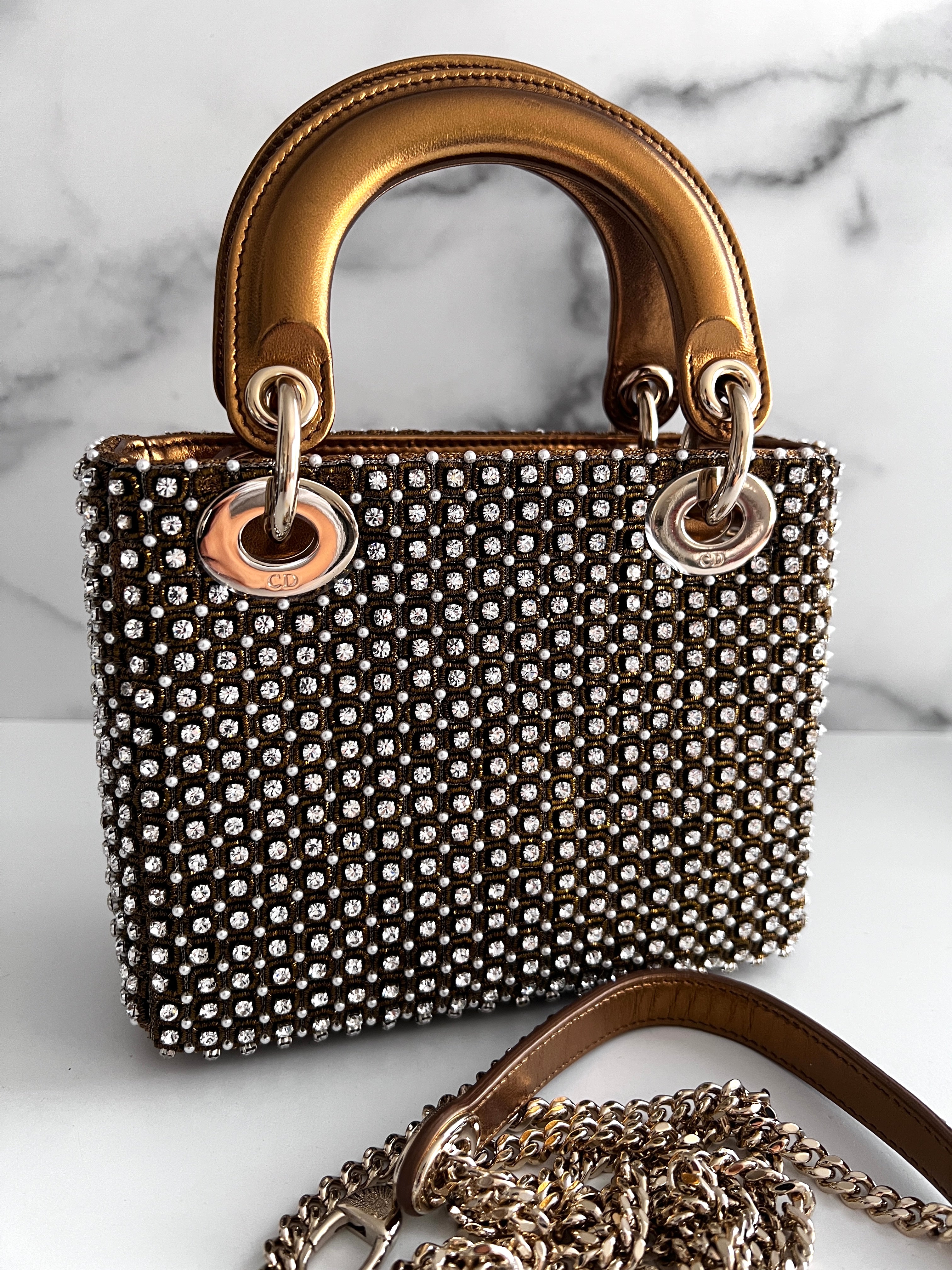 Dior Mini Lady Dior Bag with Pearl & Diamond Accents - Elegant Luxury Crossbody Purse for Women, Perfect for Evening Parties, Weddings & Special Occasions