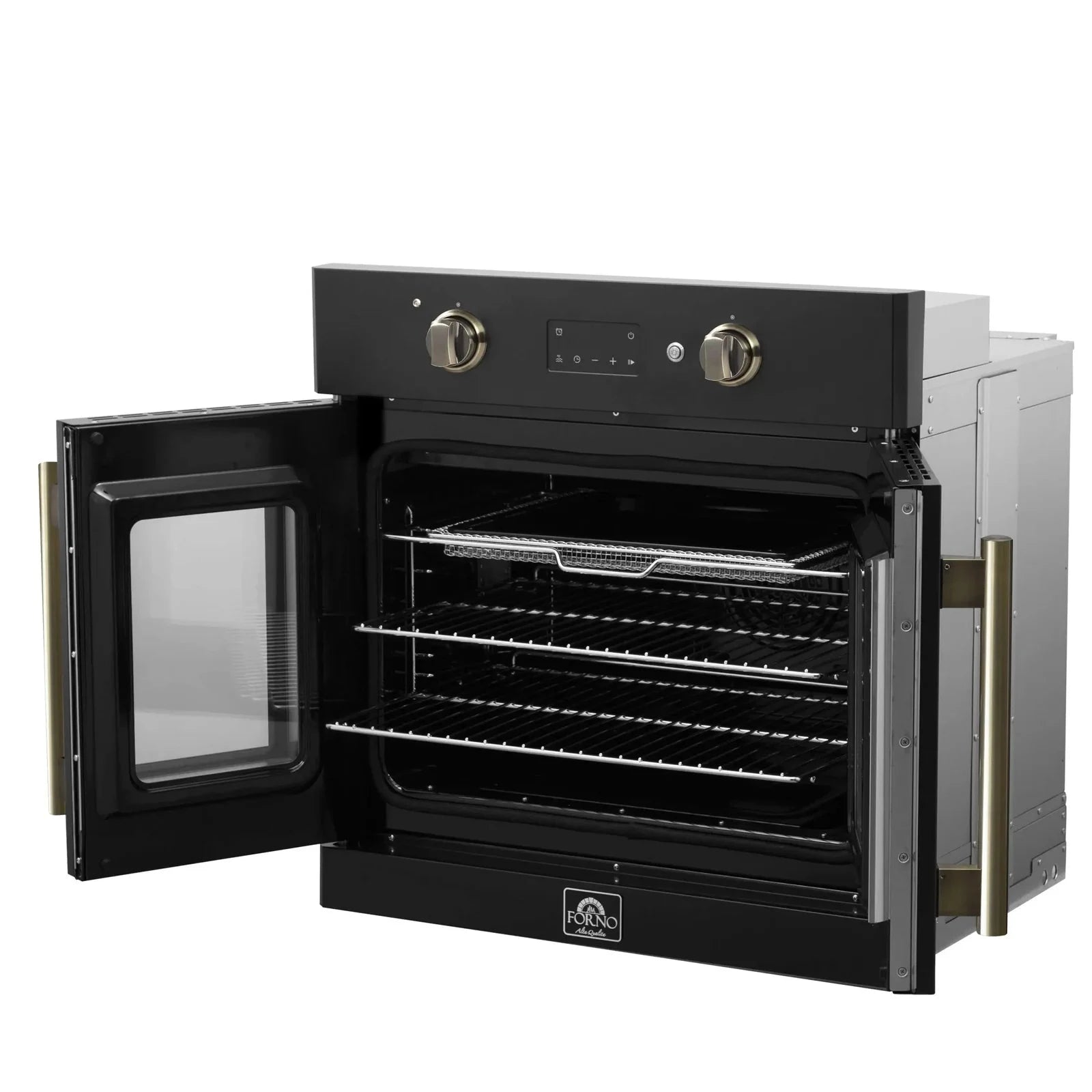 Forno Asti 30 Inch French Door Electric Wall Oven - Black with Antique Brass Trim, Built-in Convection Oven, Self-Cleaning, FBOEL1333 30BLK - Perfect for Modern Kitchens, Baking, Roasting & Entertaining