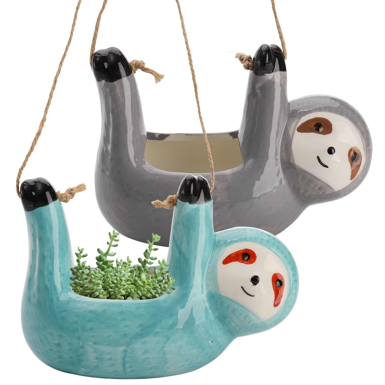 Okllen Ceramic Sloth Planters - 2 Pack Premium Hanging Plant Pots for Cactus & Succulents, Wall Mount Indoor Decor in Gray & Blue - Perfect for Home, Office & Garden Decor