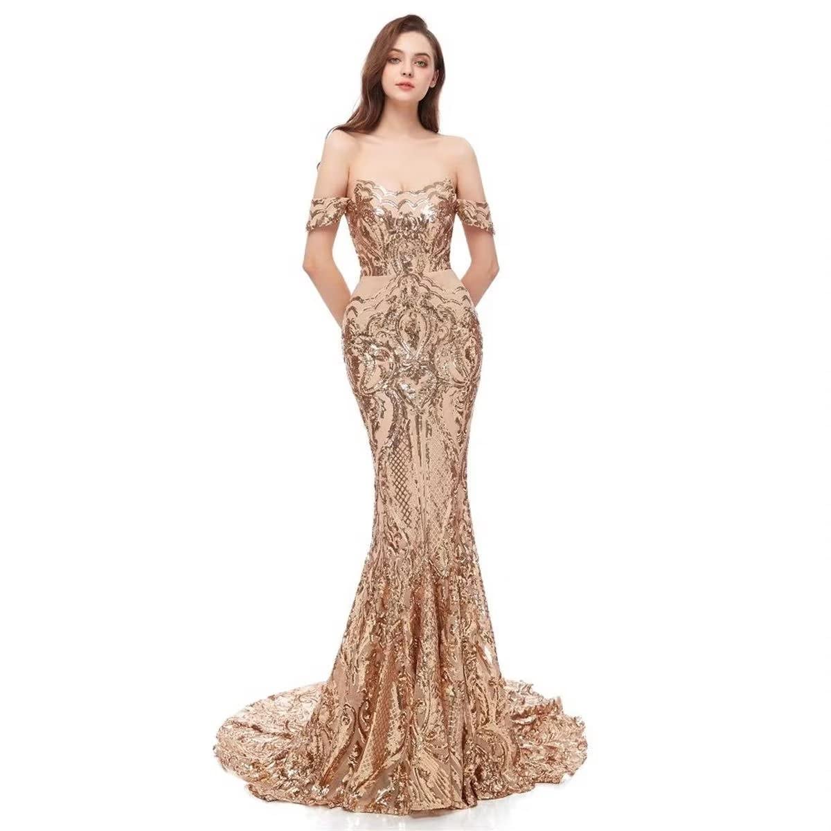 Elegant Women's Tulle Sequin Off-Shoulder Mermaid Gown - Long Backless Evening Dress for Cocktail Party, Prom, Pageant & Special Occasions