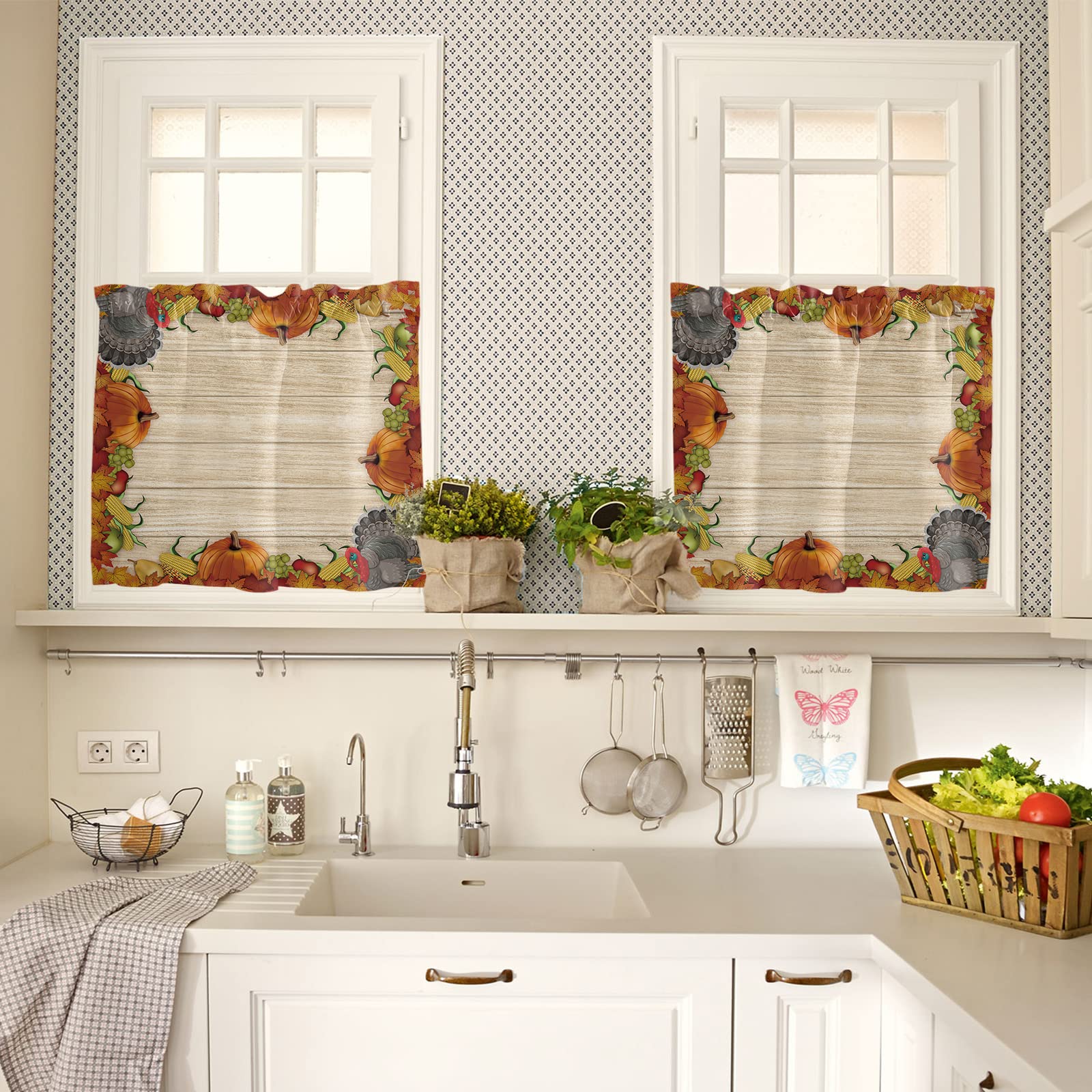Thanksgiving Kitchen Curtains Set - 3PC Farmhouse Style Valance & Tier Curtains with Pumpkin, Maple Leaf & Turkey Designs - 27.5