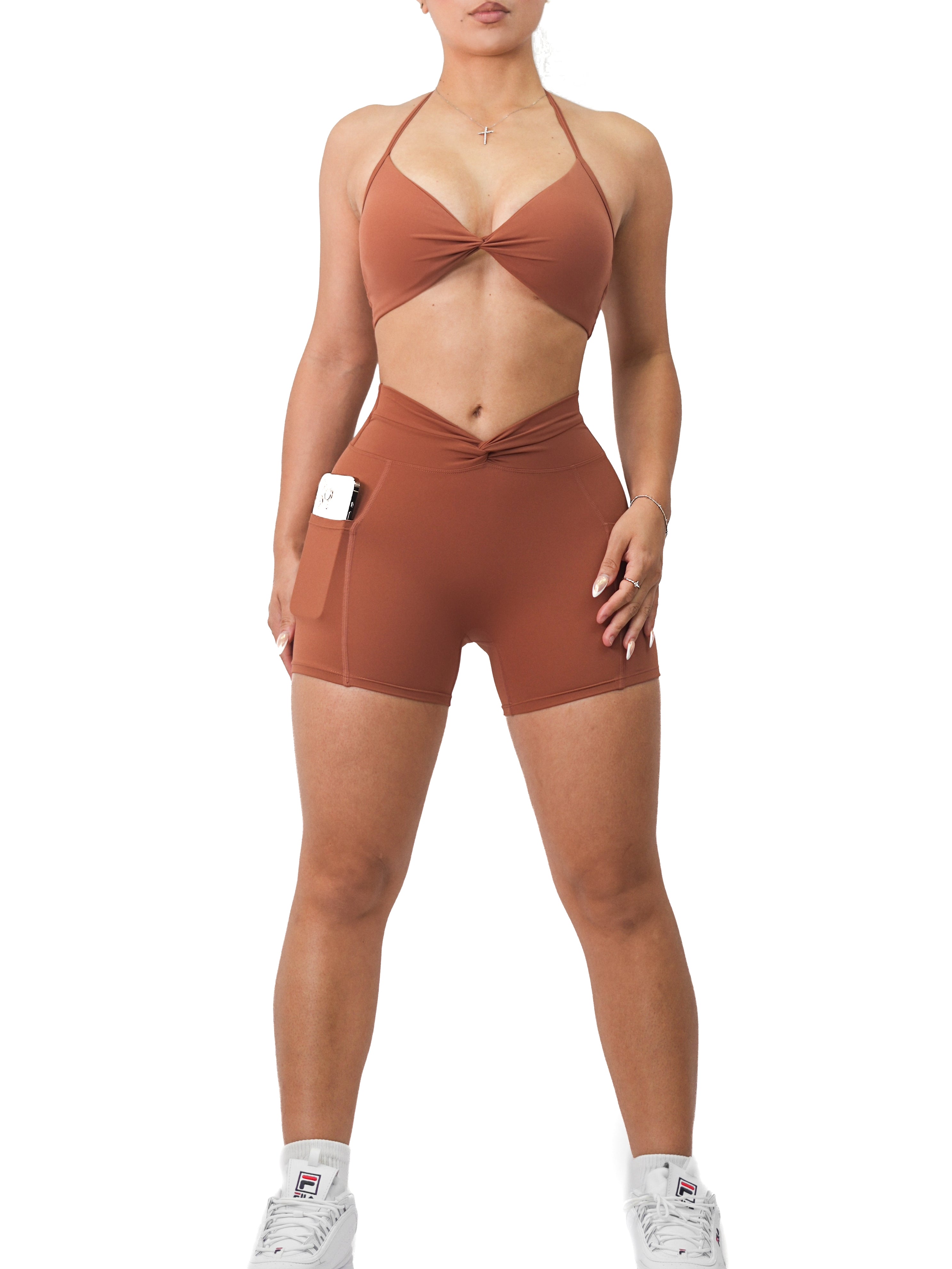 Sexy High Waisted Pocket Twist Booty Shorts for Women - Auburn - Perfect for Gym, Yoga, Beach & Summer Outfits