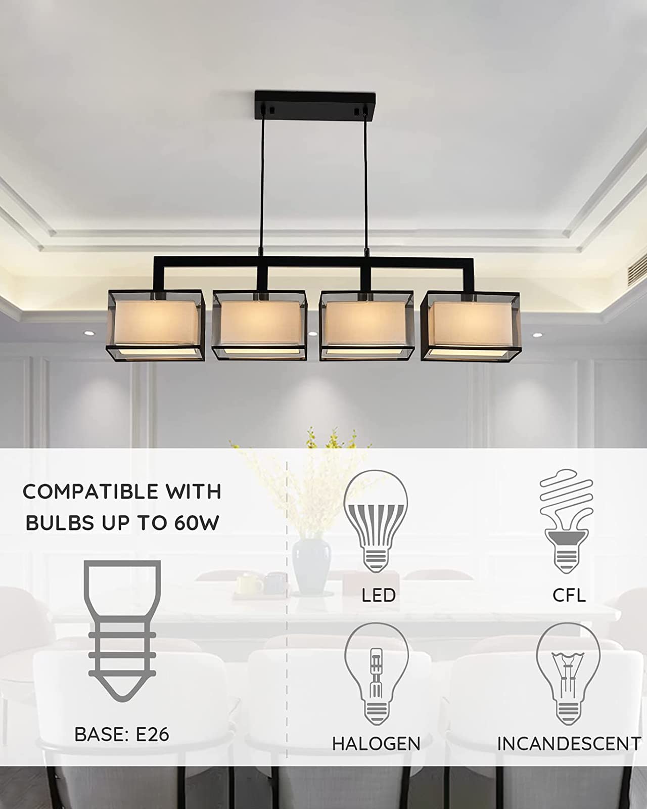 Modern Rectangular Chandelier - 4-Light Hanging Fixture with Adjustable Fabric Lampshade for Dining Room, Living Room & Restaurant Decor | Black Finish | Elegant Lighting Solution for Home & Commercial Spaces