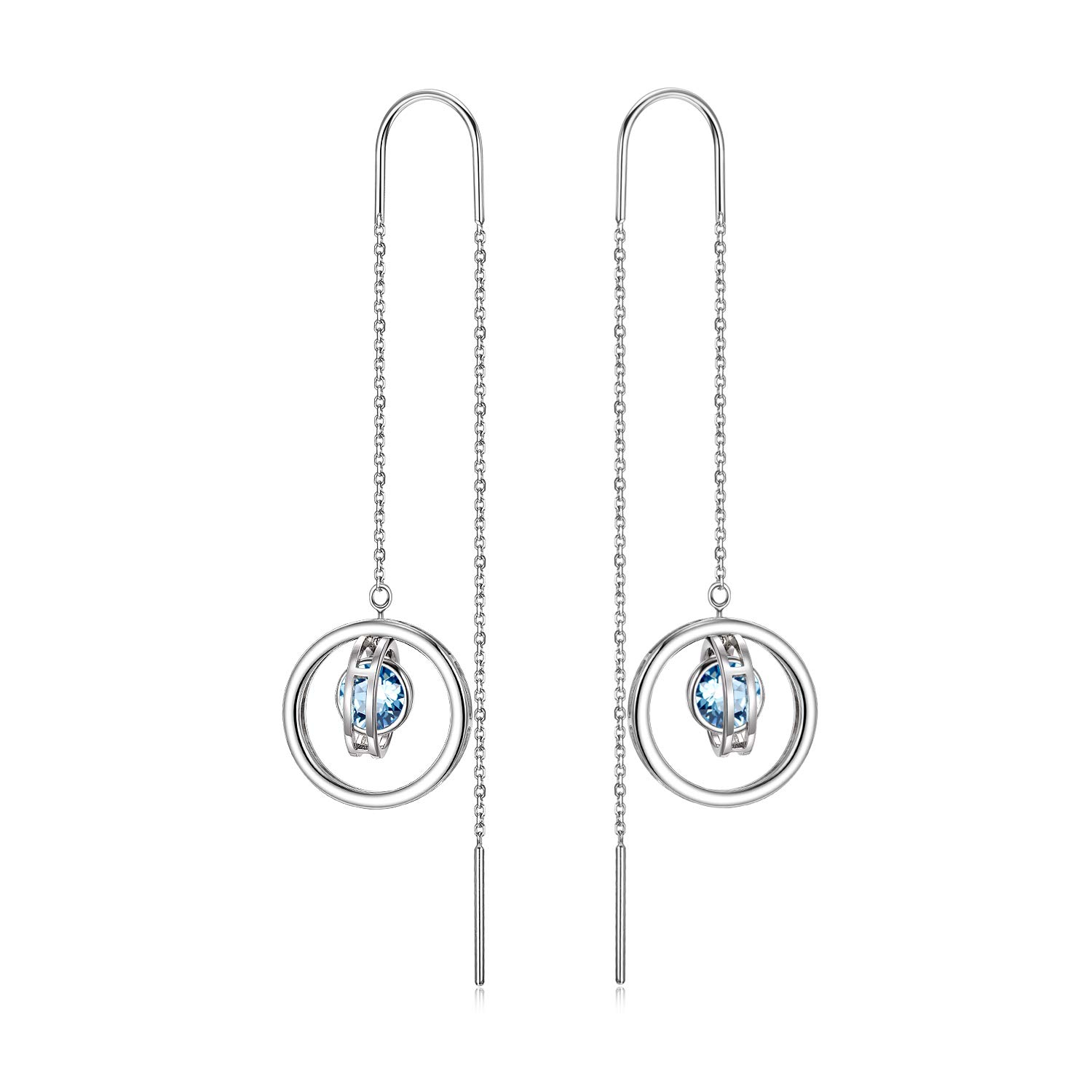 Sterling Silver Aquamarine March Birthstone Dangle Drop Earrings | Hypoallergenic Threader Earrings | Austrian Crystal Jewelry | Perfect Anniversary & Birthday Gift for Women | Elegant for Weddings, Parties & Special Occasions