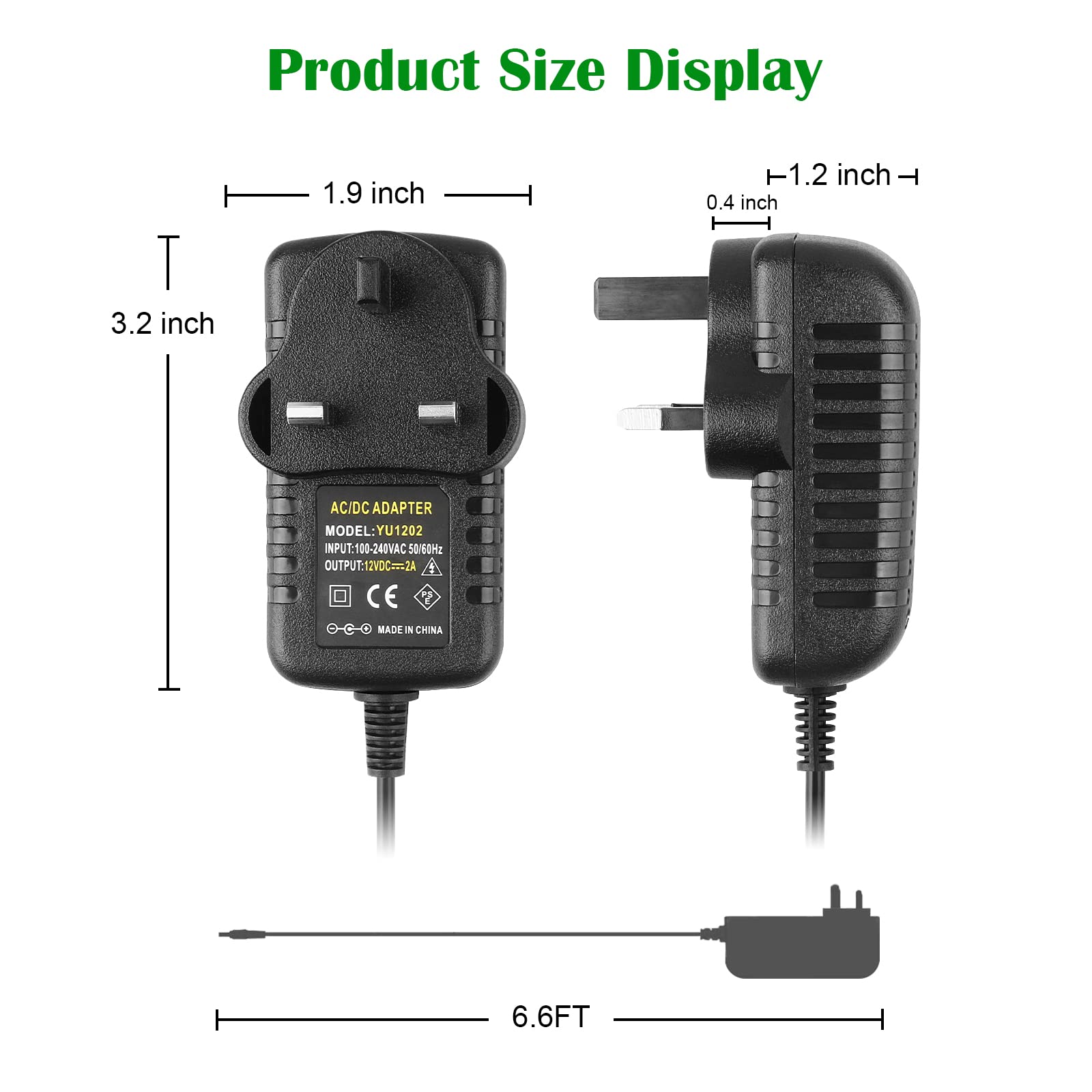 12V 2A Power Adapter 24W AC 100-240V to DC 12V Converter with 6.6FT UK Plug - Universal Power Supply for LED Strip Lights, Router, DVR, NVR, IP Camera, CCTV Security System - Perfect for Home & Office Electronics