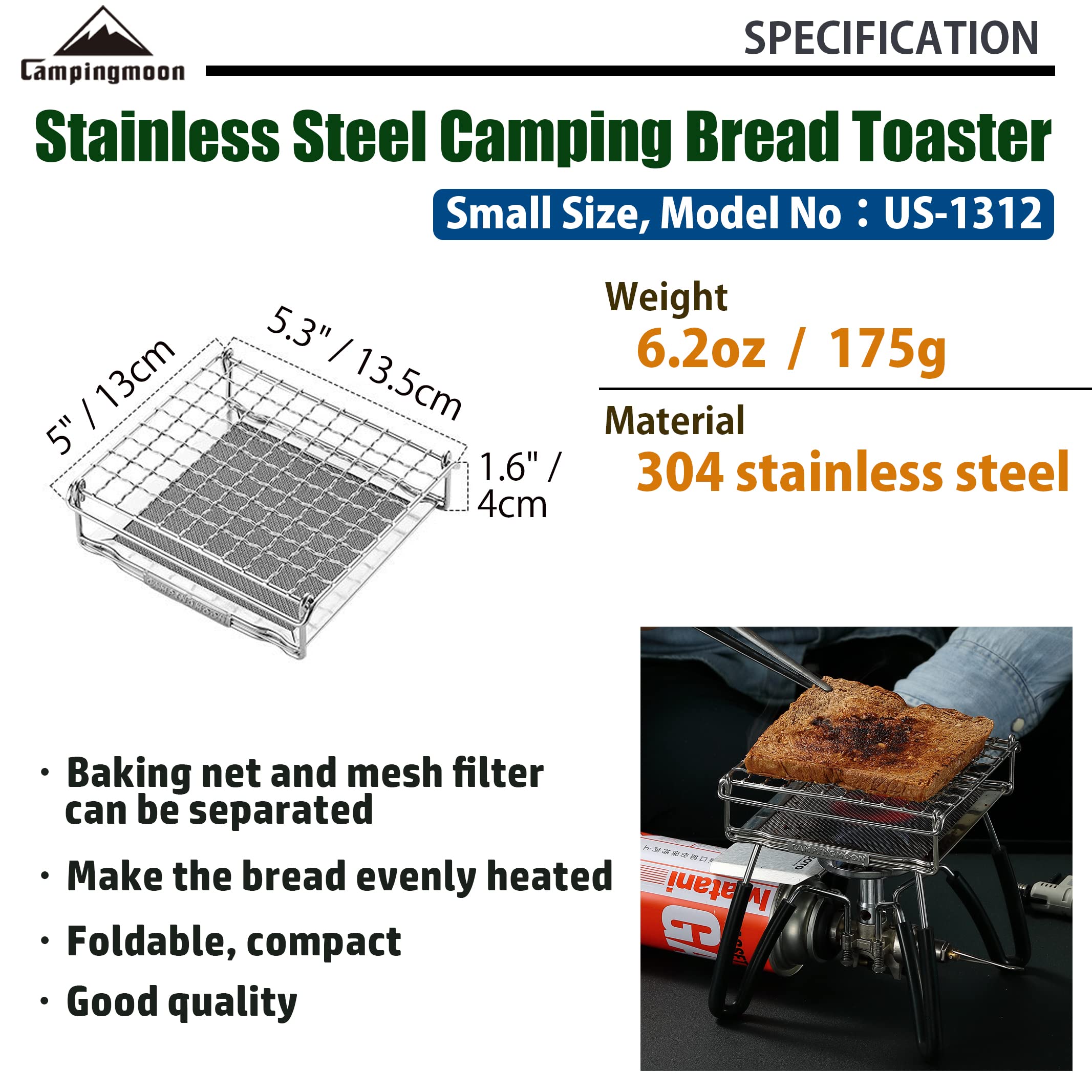 CampingMoon 304 Stainless Steel Camping Bread Toaster for Gas Stove - Compact Portable Outdoor Cooking Tool for Camping, Hiking & Picnics