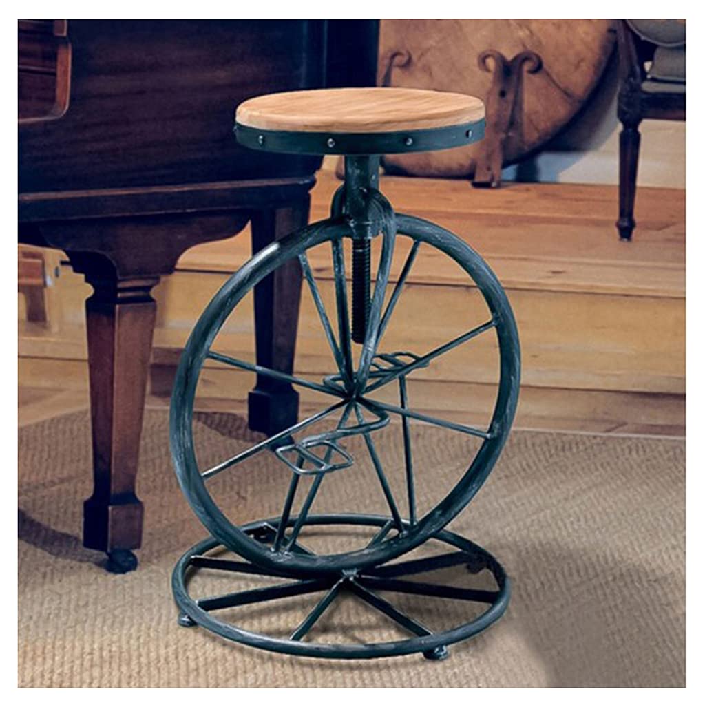 Vintage Industrial Bar Stool - Adjustable Height Iron Bicycle Stool with Solid Wood Seat & Pedals - 330lbs Weight Capacity - Retro Bike Wheel Design for Home Bars, Cafes & Man Caves