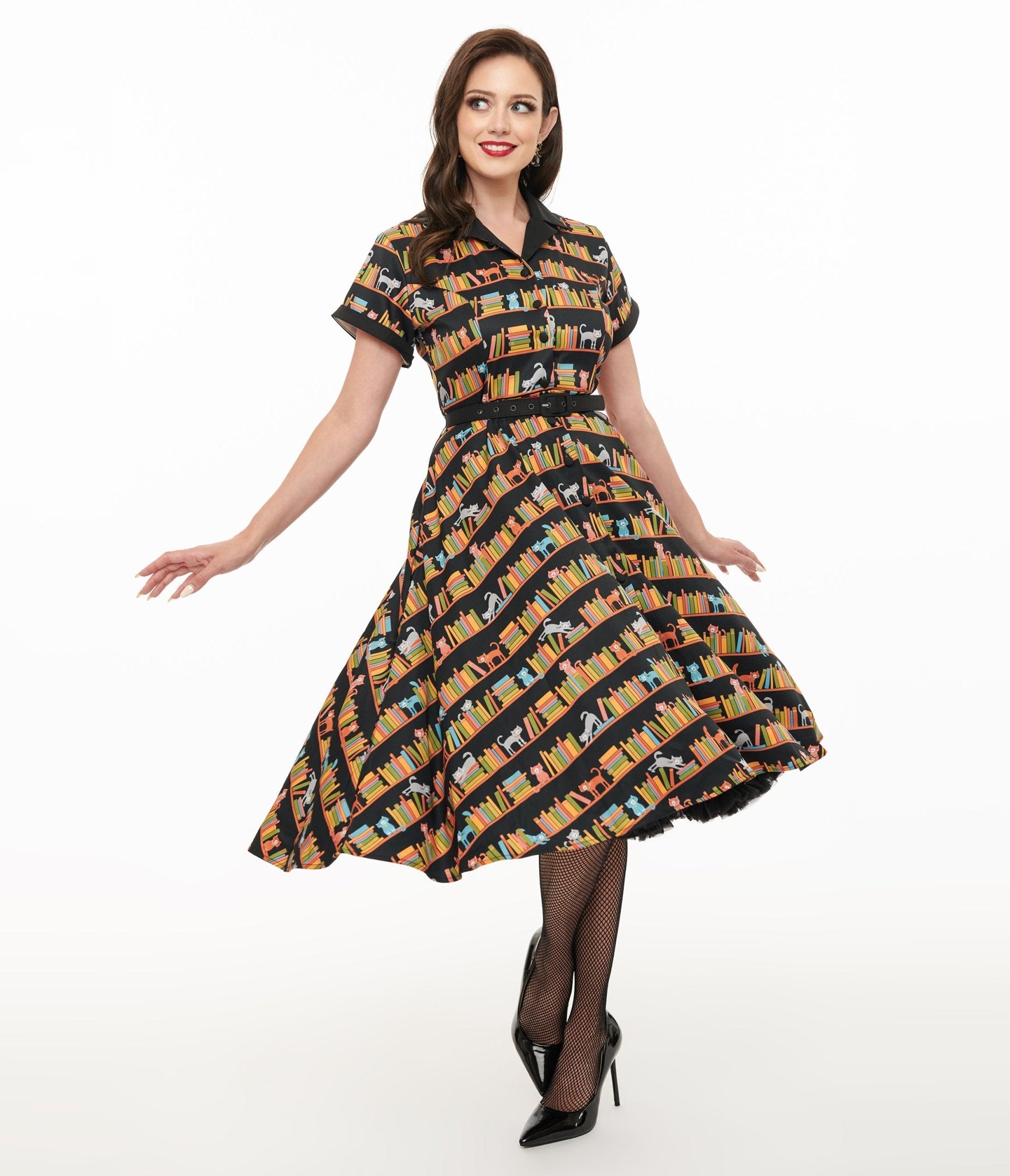 Vintage 1950s Cat & Bookshelf Print Alexis Swing Dress - Retro Tea Length Dress for Women - Perfect for Cocktail Parties, Book Club Meetings & Vintage Themed Events