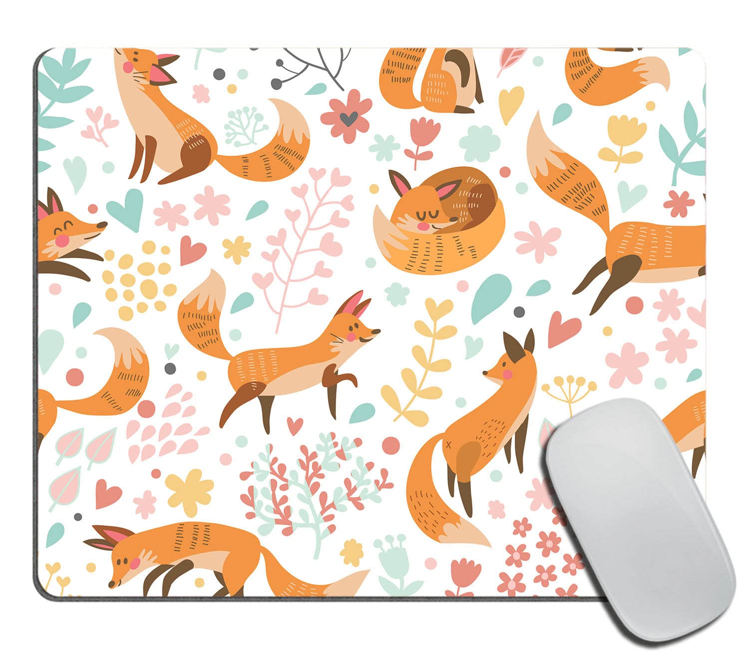 Cute Fox and Flower Design Mouse Pad - Non-Slip Rubber Base Square Mouse Mat for Office & Laptop (9.5