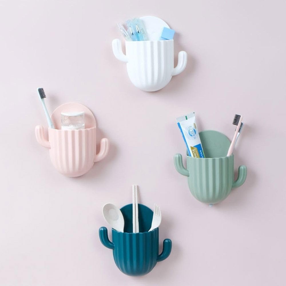 1PCS Cactus Toothbrush Holder - Self-Adhesive Bathroom Organizer with Drain Shelf, Cute Cartoon Succulent Design (Dark Green) | Perfect for Kids' Bathrooms, Dorm Rooms & Small Space Organization
