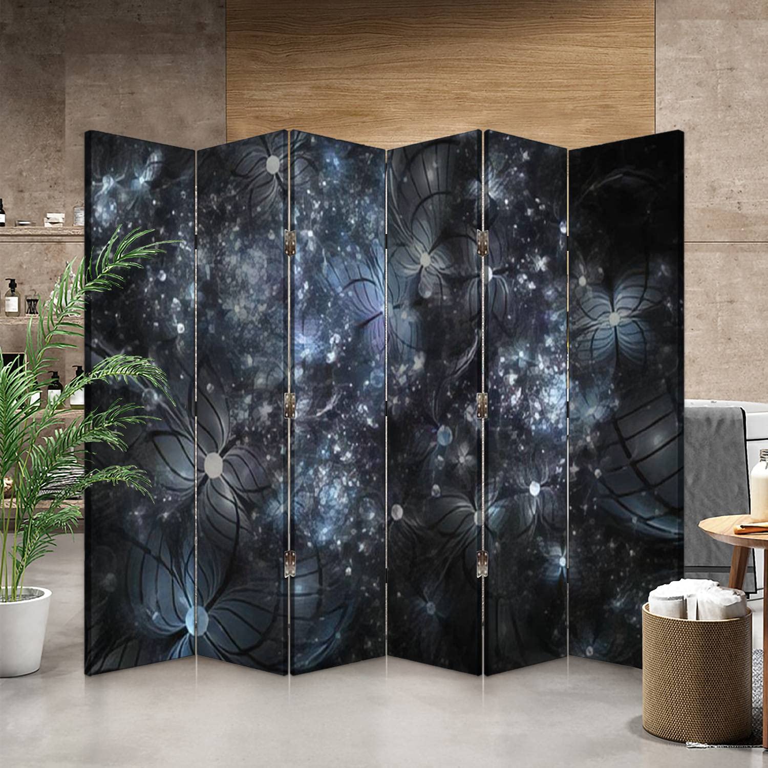 6-Panel Canvas Room Divider Screen - Abstract Exotic Grey & Blue Floral Black Fantasy Fractal Design | Folding Privacy Partition for Bedroom, Office & Studio | Room Separator & Wall Decor