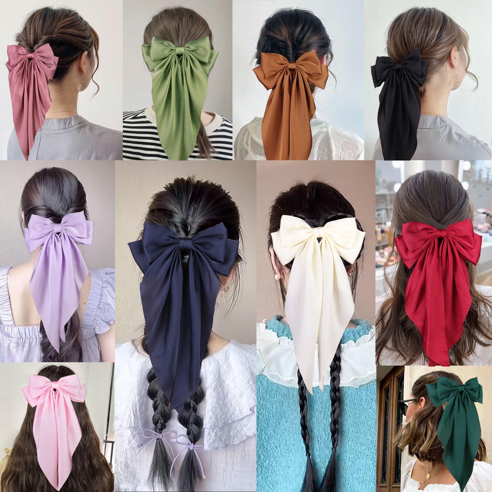 MRJ 4 Pack Large Satin Hair Bows for Women & Girls - Elegant Hair Clips with Metal Barrettes, Aesthetic Bowknot Hair Accessories for Parties, Weddings & Daily Styling