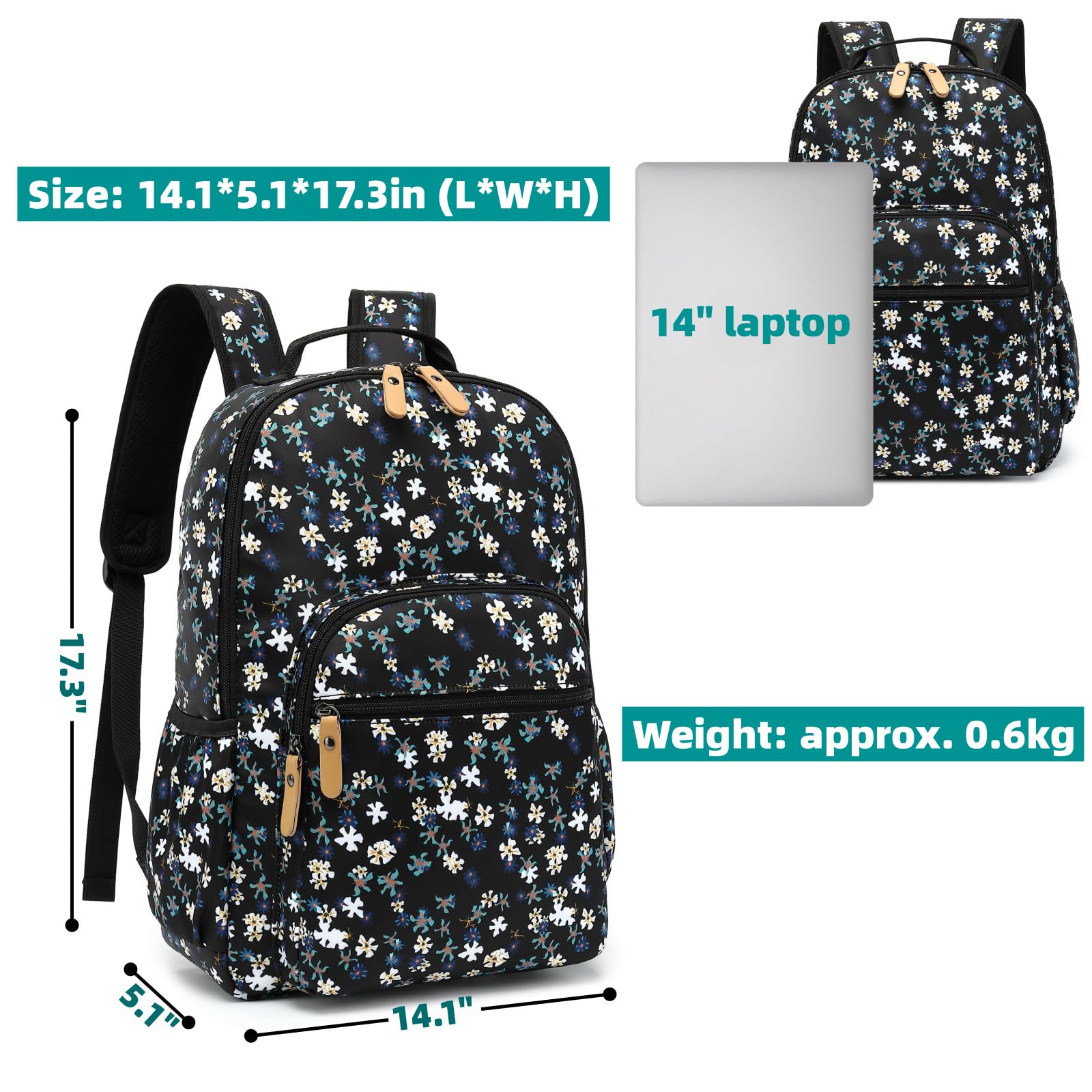 **Leaper Daisy Print Laptop Backpack for Women & Girls - Lightweight Travel Backpack, School Backpack, College Daypack, Bookbag - Perfect for Work, Travel & School (Black)**