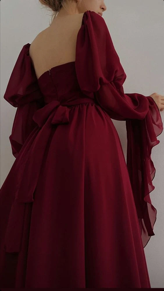 Elegant A-Line Burgundy Long Prom Dress with Long Sleeves - Formal Evening Gown for Homecoming, Wedding, and Special Occasions - Style J3505