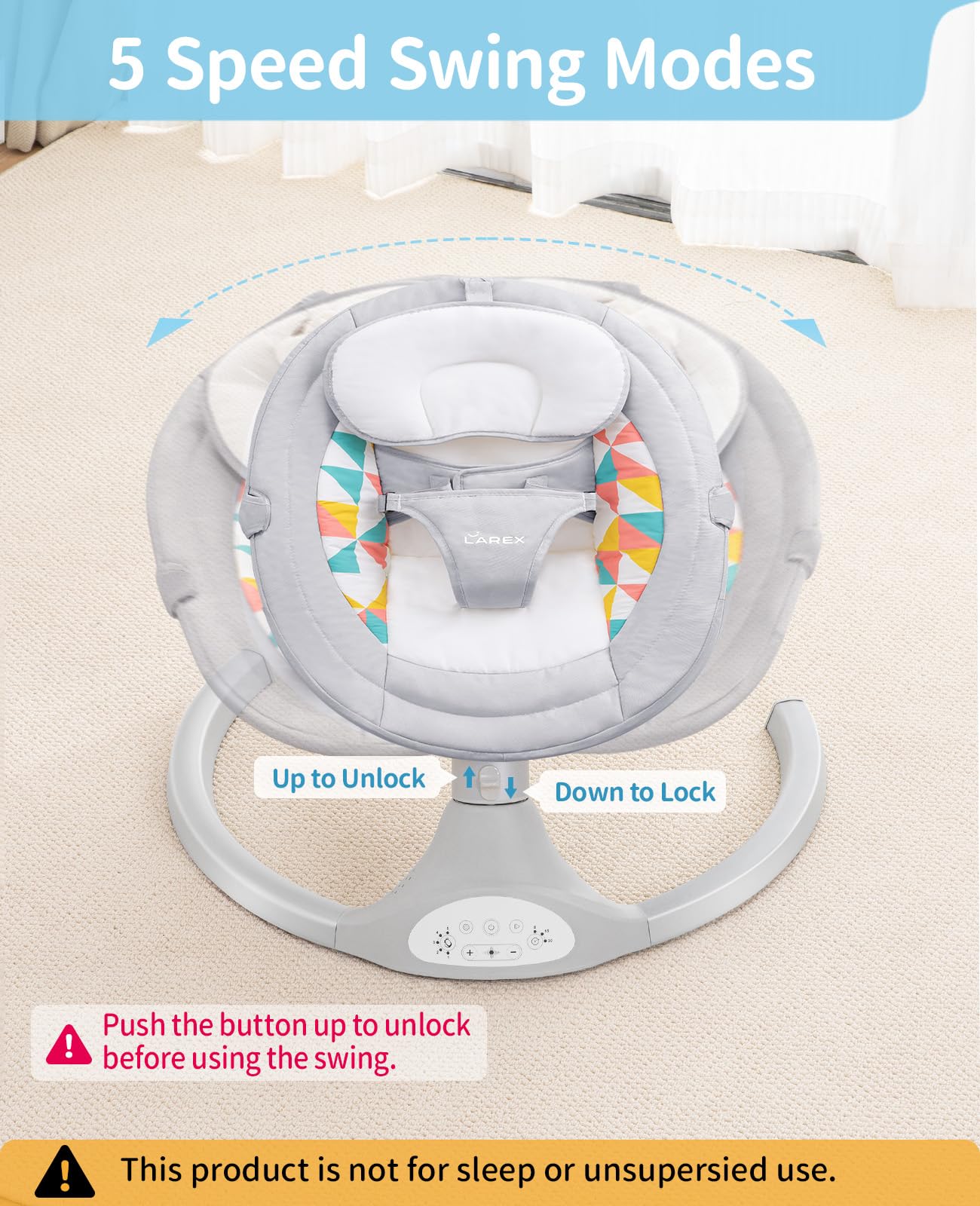 LAREX Electric Baby Swing with Bluetooth, 5 Speed Settings & Remote Control - Portable Infant Rocker for Newborns (Grey) - Perfect for Nursery, Travel & Soothing Fussy Babies